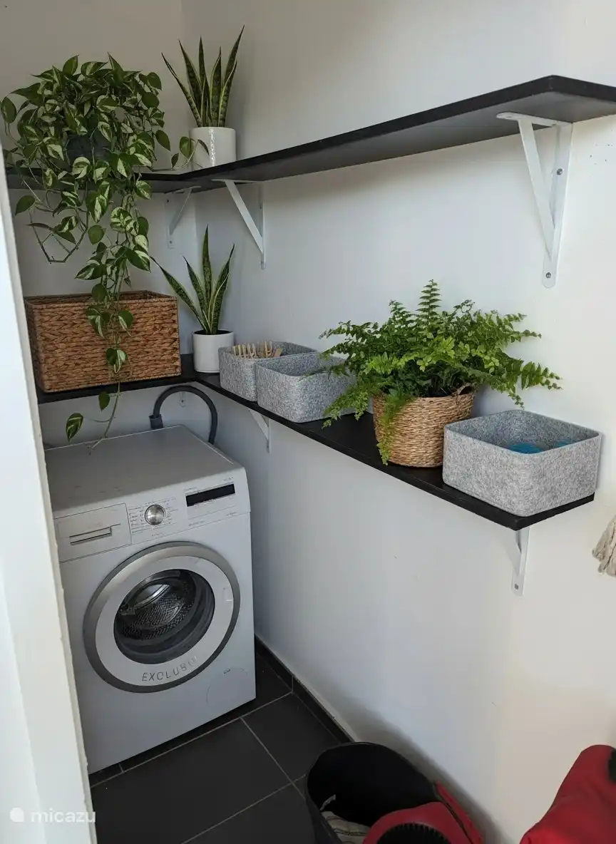 Espace de rangement pratique avec machine à laver, espace de rangement et espace pour les produits de nettoyage.