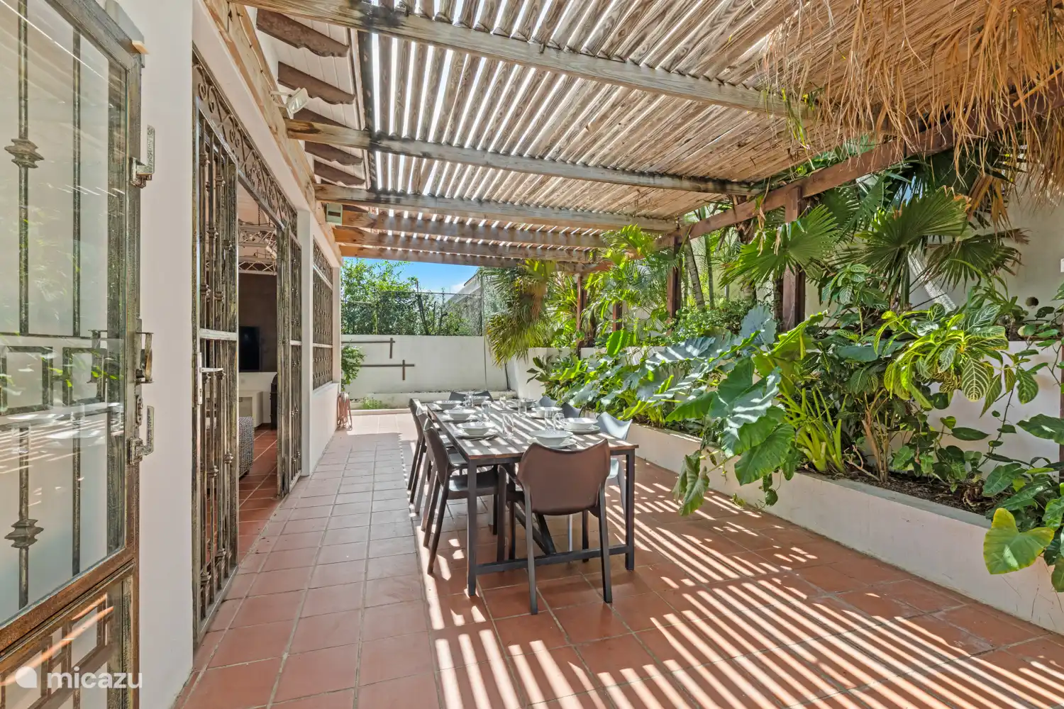 Achter porch met grote tafel en bbq