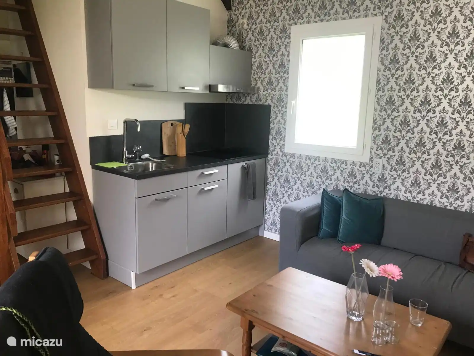 Salon avec une partie de la cuisine