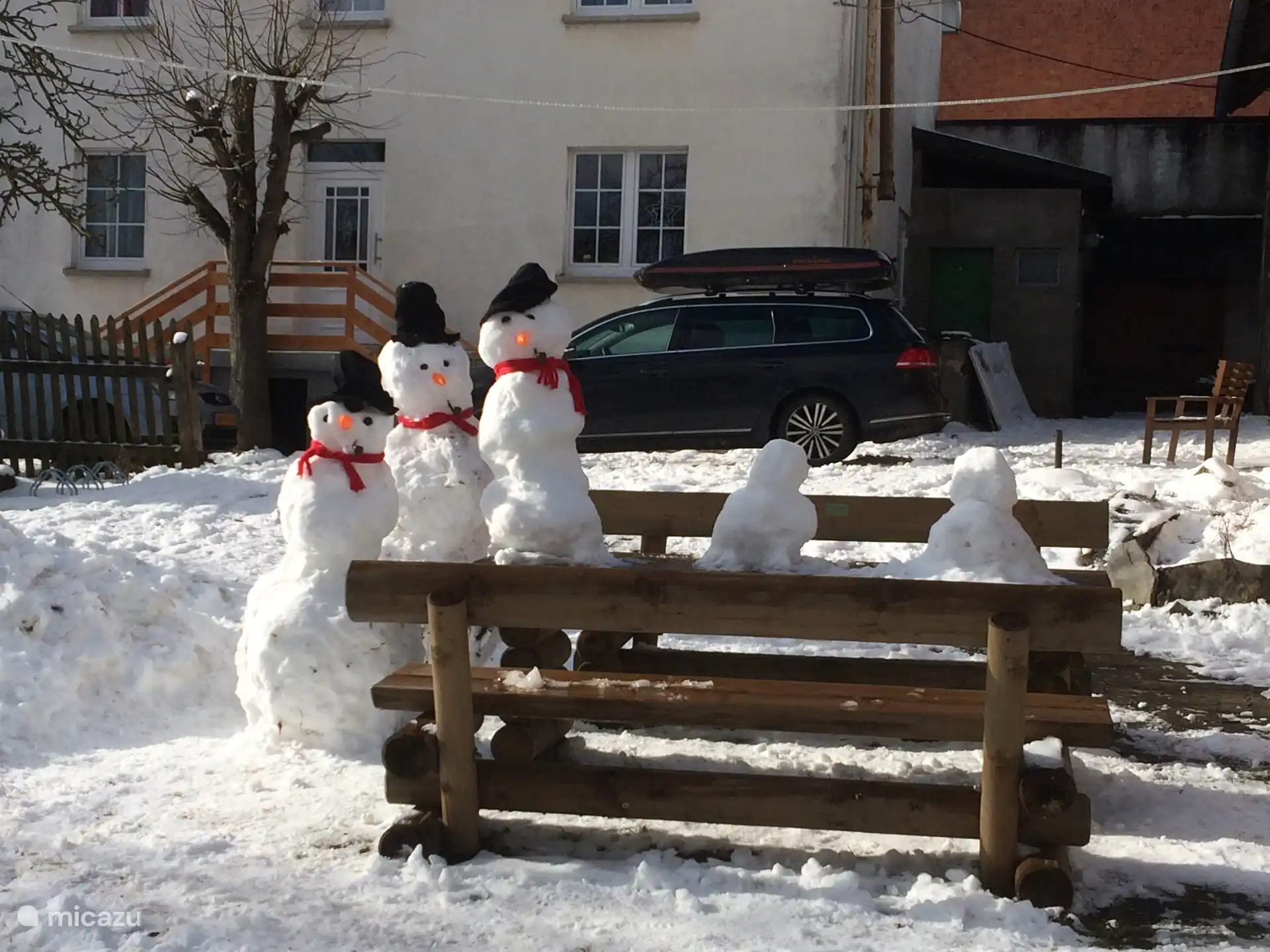 Sneeuwpoppen maken in de tuin.
