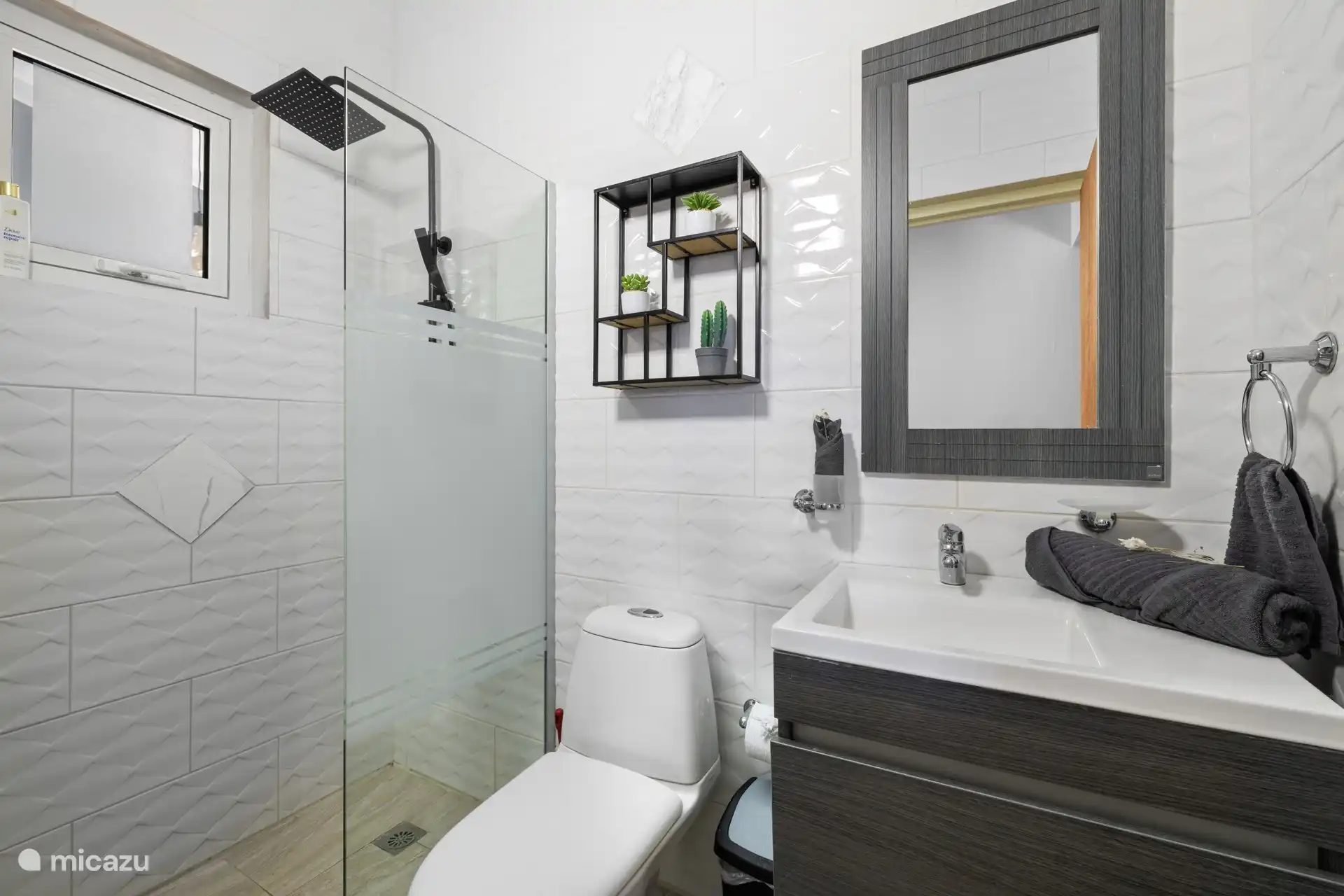 Das Queen-Size-Zimmer #2 und das Doppelbett #3 teilen sich ein modernes, gut ausgestattetes Badezimmer mit begehbarer Dusche, Spiegel, frischen Handtüchern und wichtigen Toilettenartikeln. 