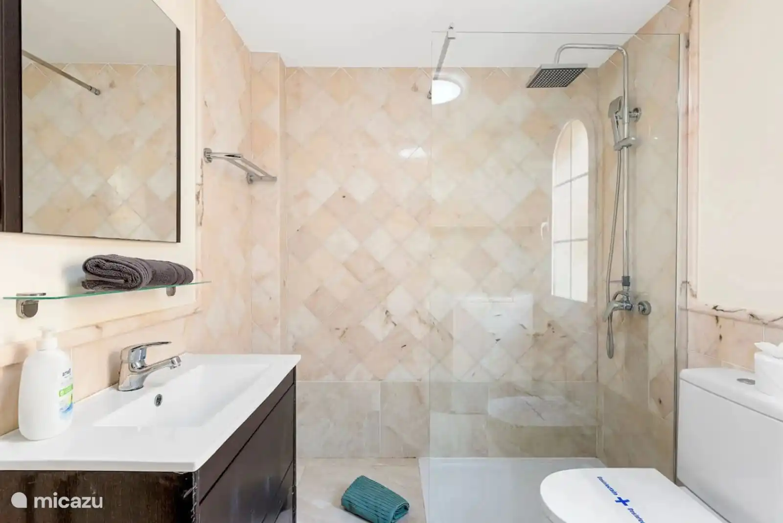 Douche, toilettes, lavabo, sèche-cheveux, planche à repasser + fer à repasser et aspirateur.