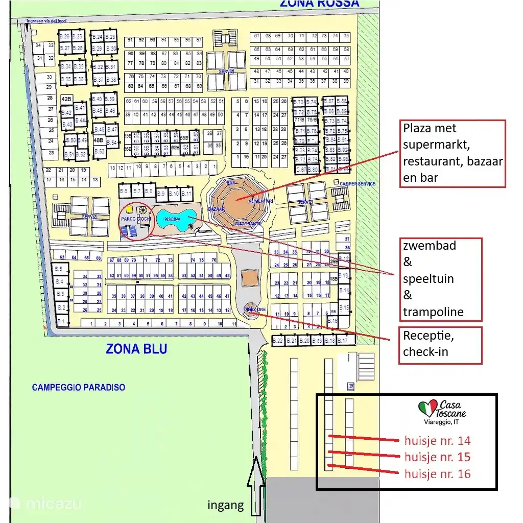 Map of the campsite with the mobile homes at the bottom right