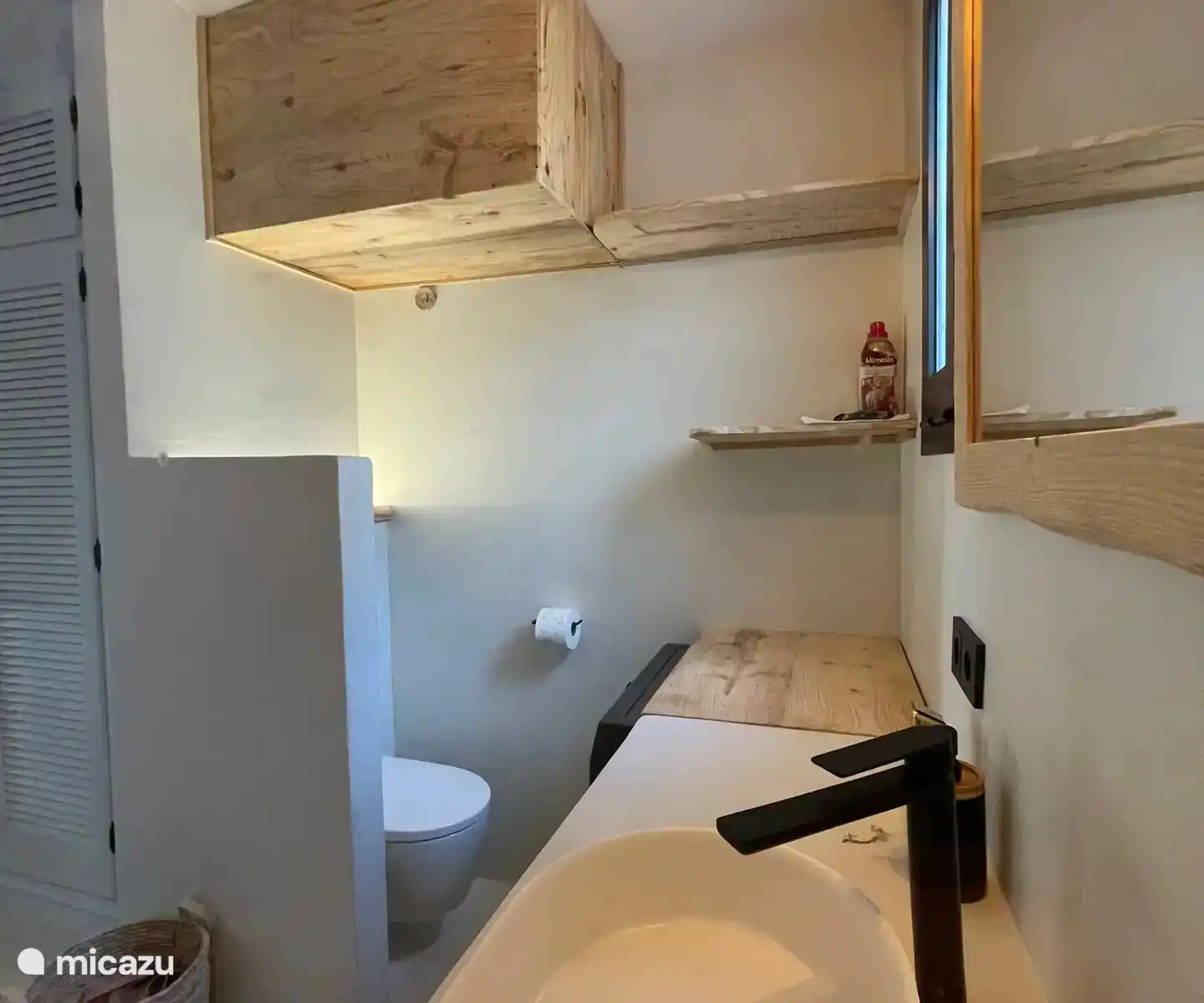 Integriertes Badezimmer mit begehbarer Dusche, Waschbecken, Toilette und Waschmaschine und Trockner.