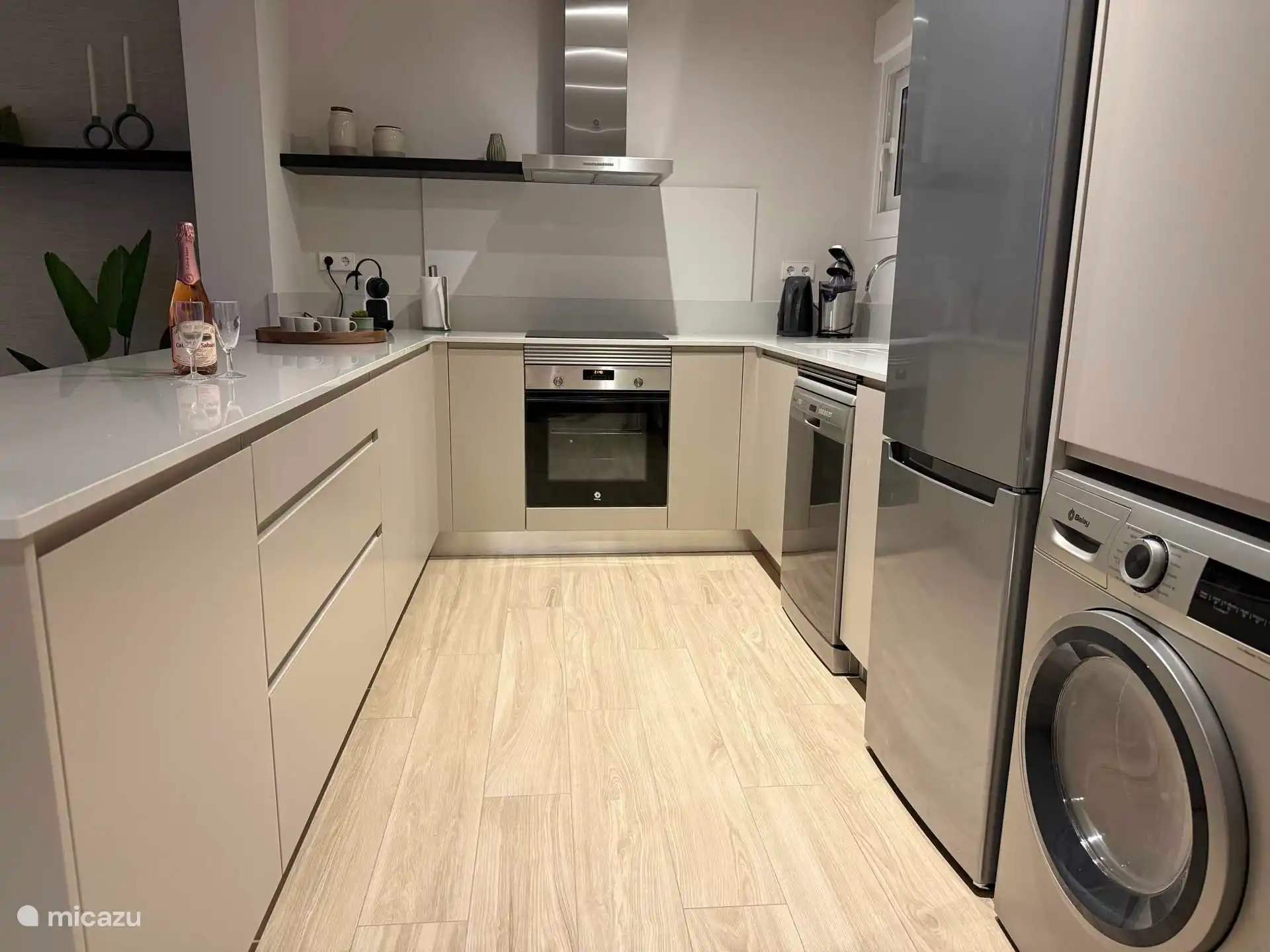 Uitgebreide keuken, koelvries apparaat, wasmachine en vaatwasser, oven.