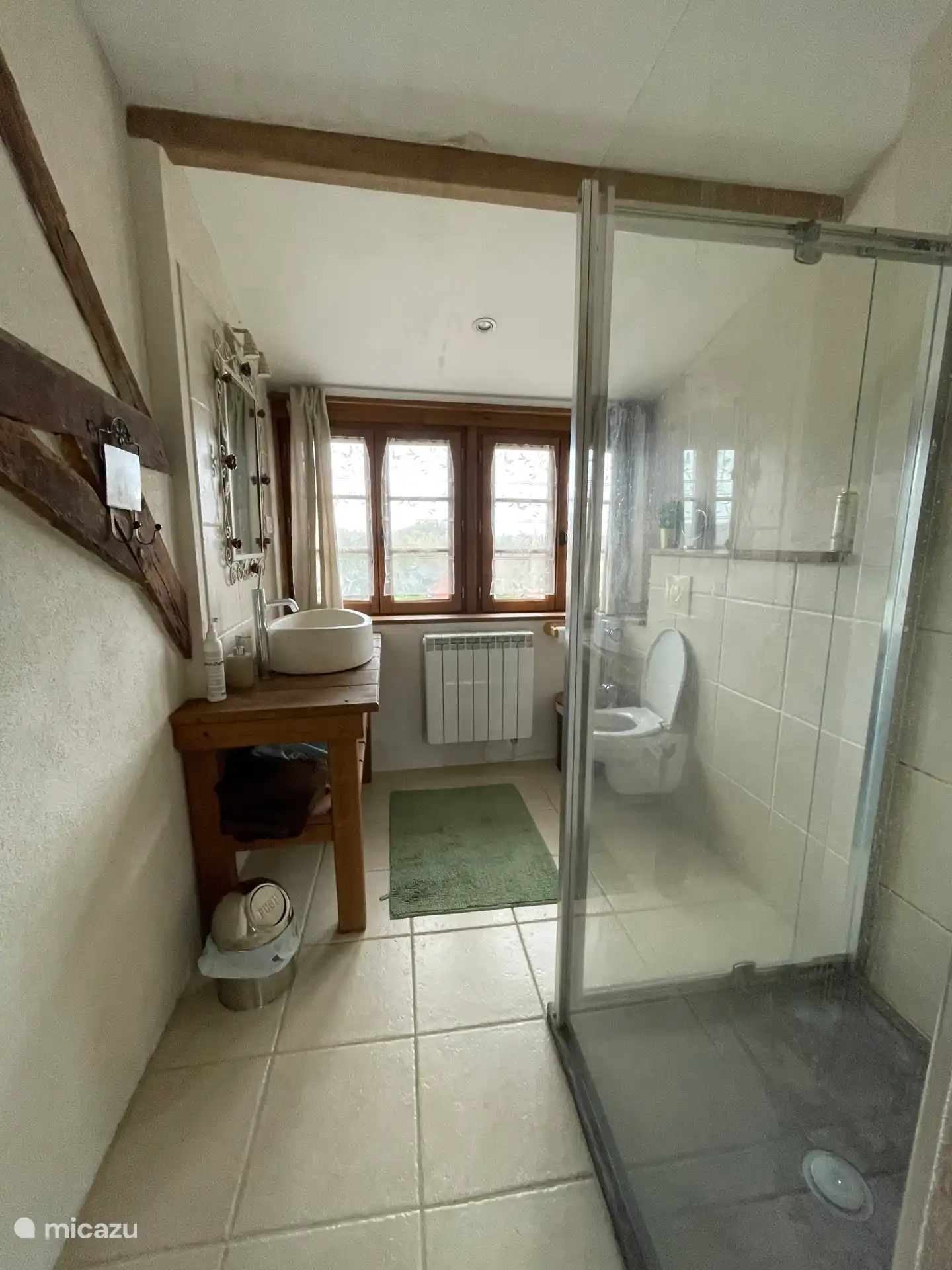 Das Badezimmer mit Waschbecken, Dusche und Toilette im Erdgeschoss.