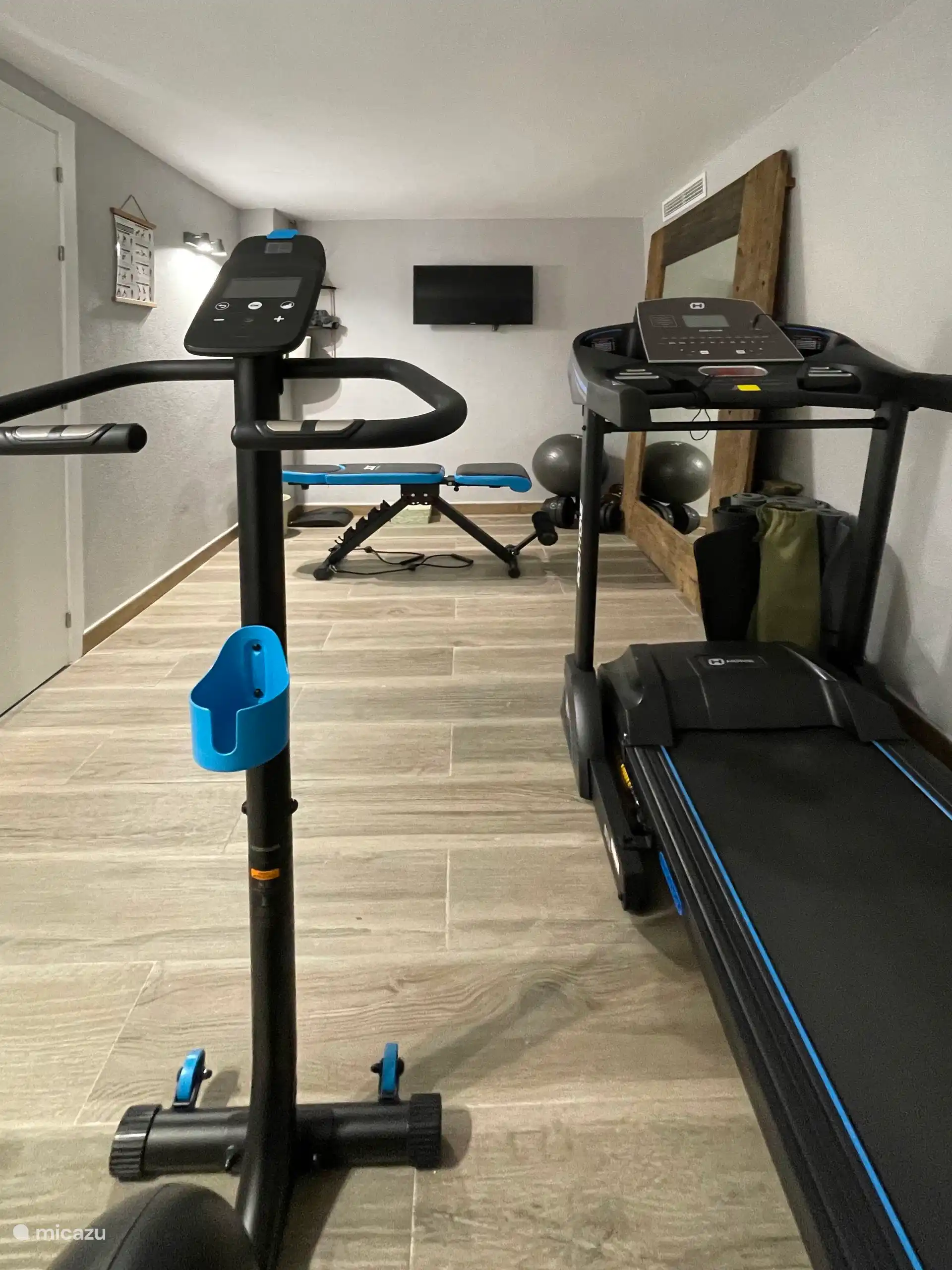 Gym met drie toestellen en alle benodigdheden voor een goede work-out.