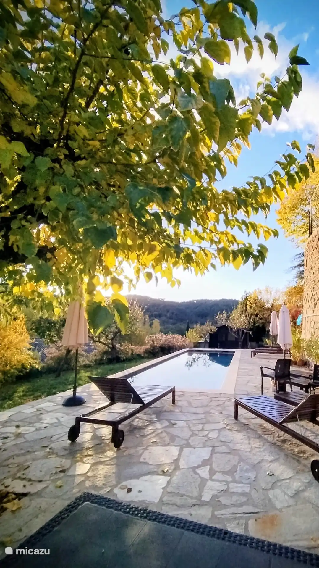 Uitzicht op de zonsondergang van het zwembad in de avond 