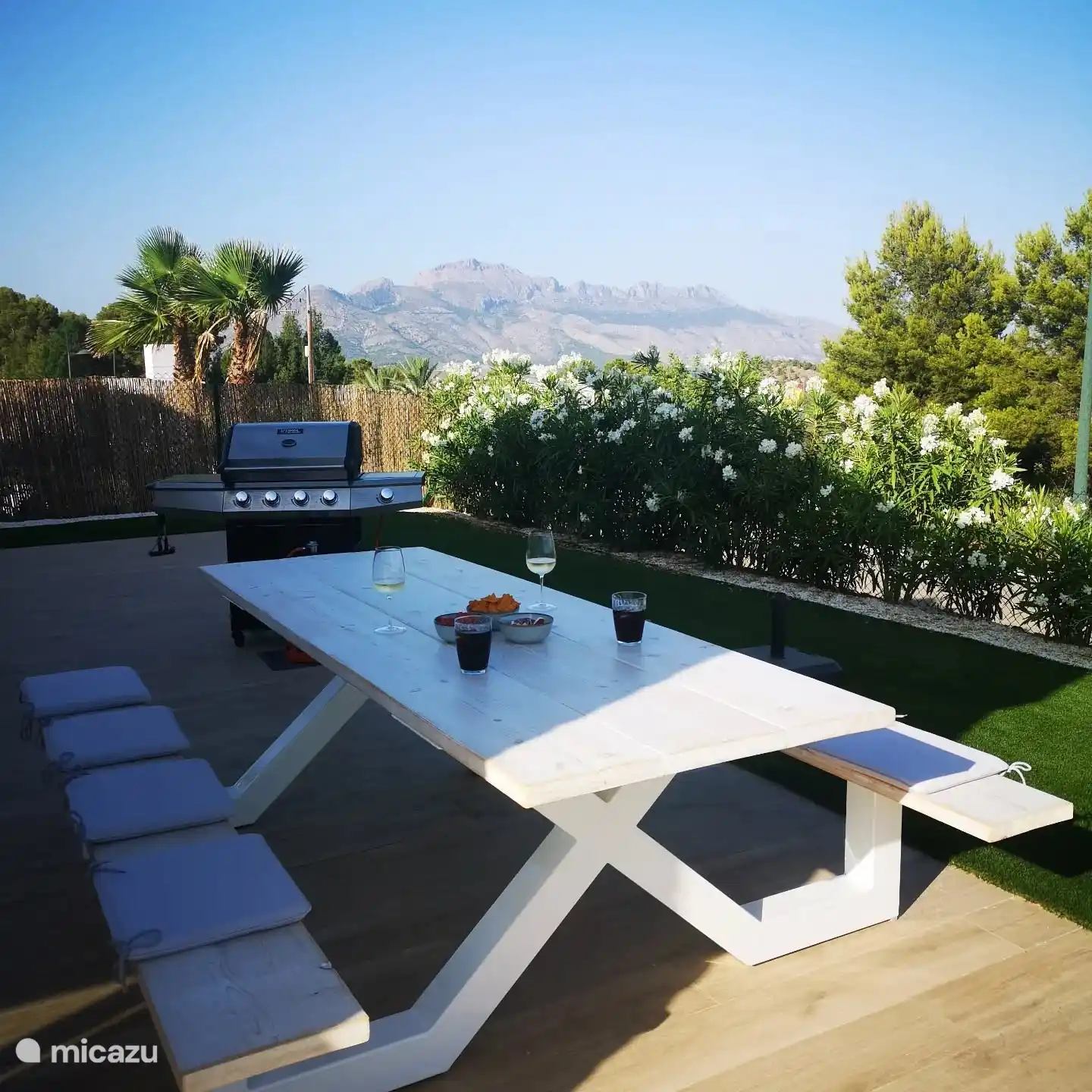 Terraza con mesa de picnic y barbacoa (lado este - sol de la mañana)
