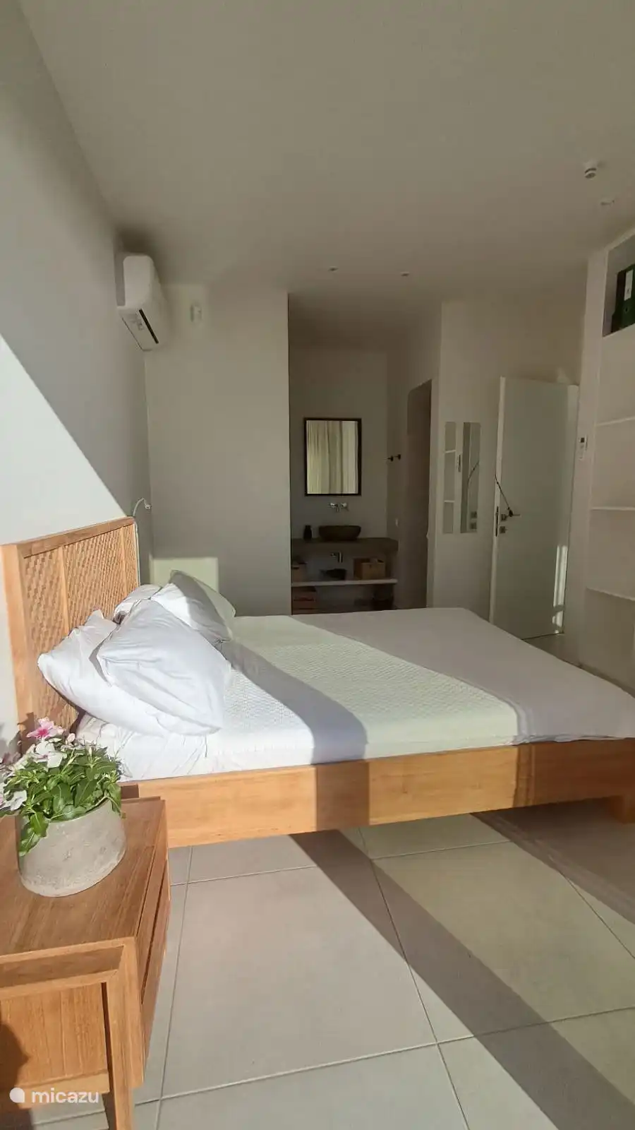 Hoofdslaapkamer met de inloopdouche, een apart toilet en de wastafel en spiegel