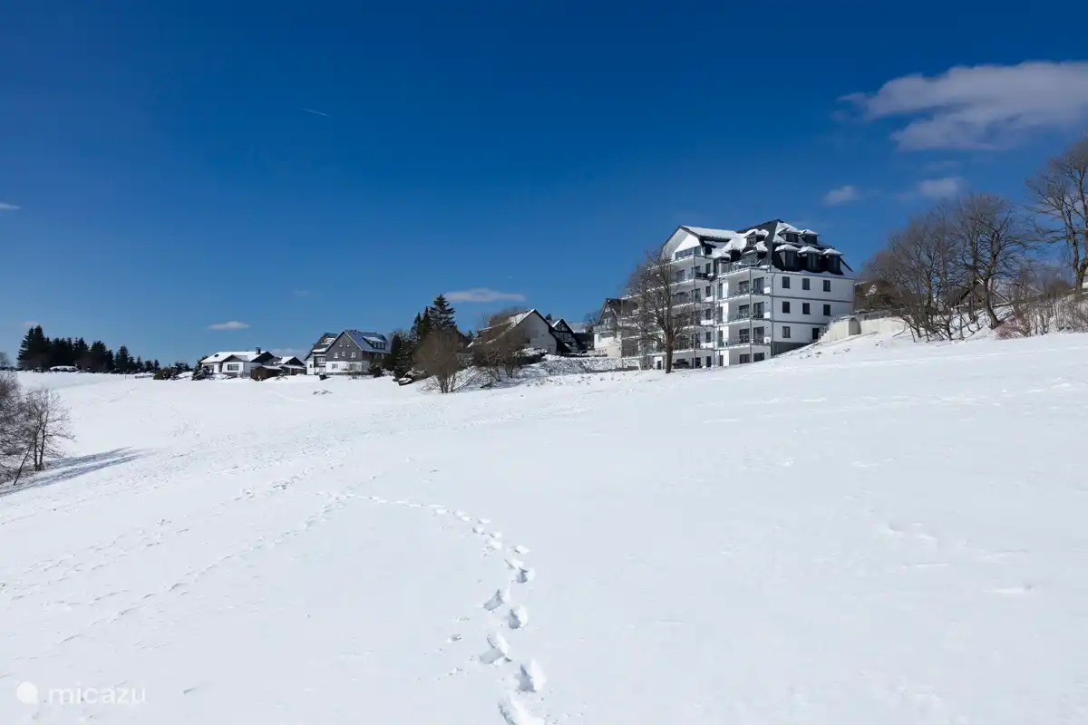 Astenblick Apartments in de sneeuw