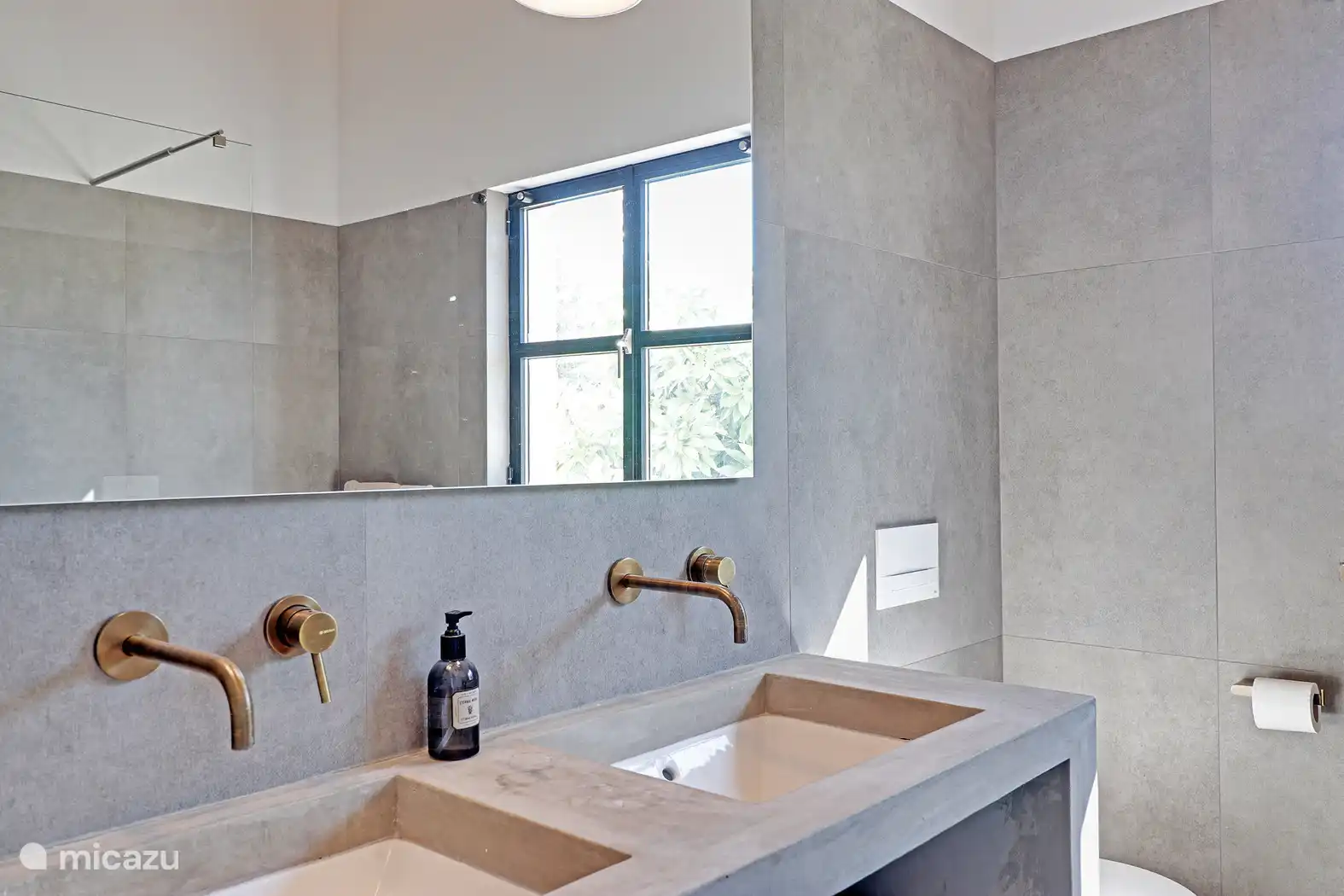 Salle de bain avec douche et toilettes