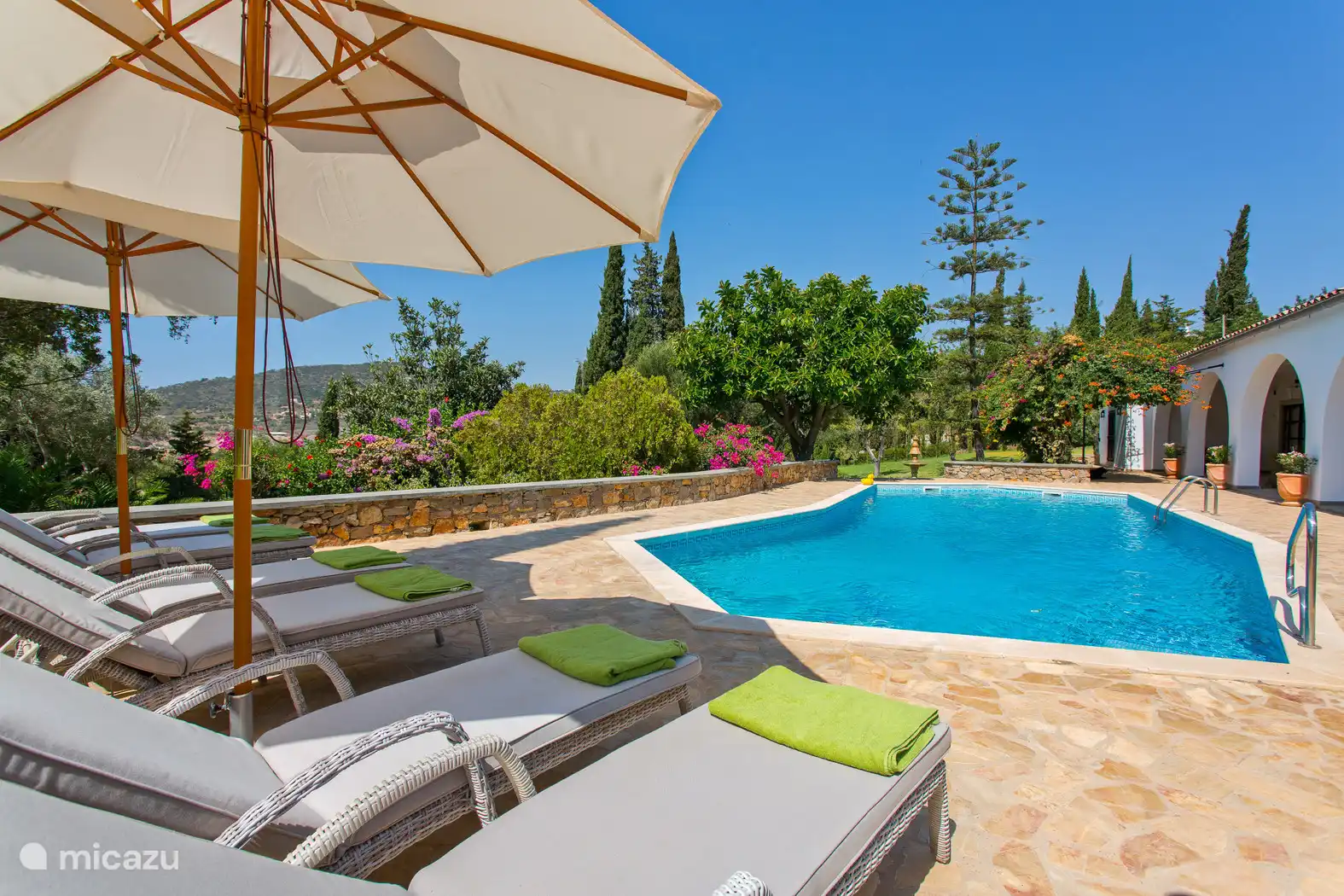 Piscine avec chaises longues
