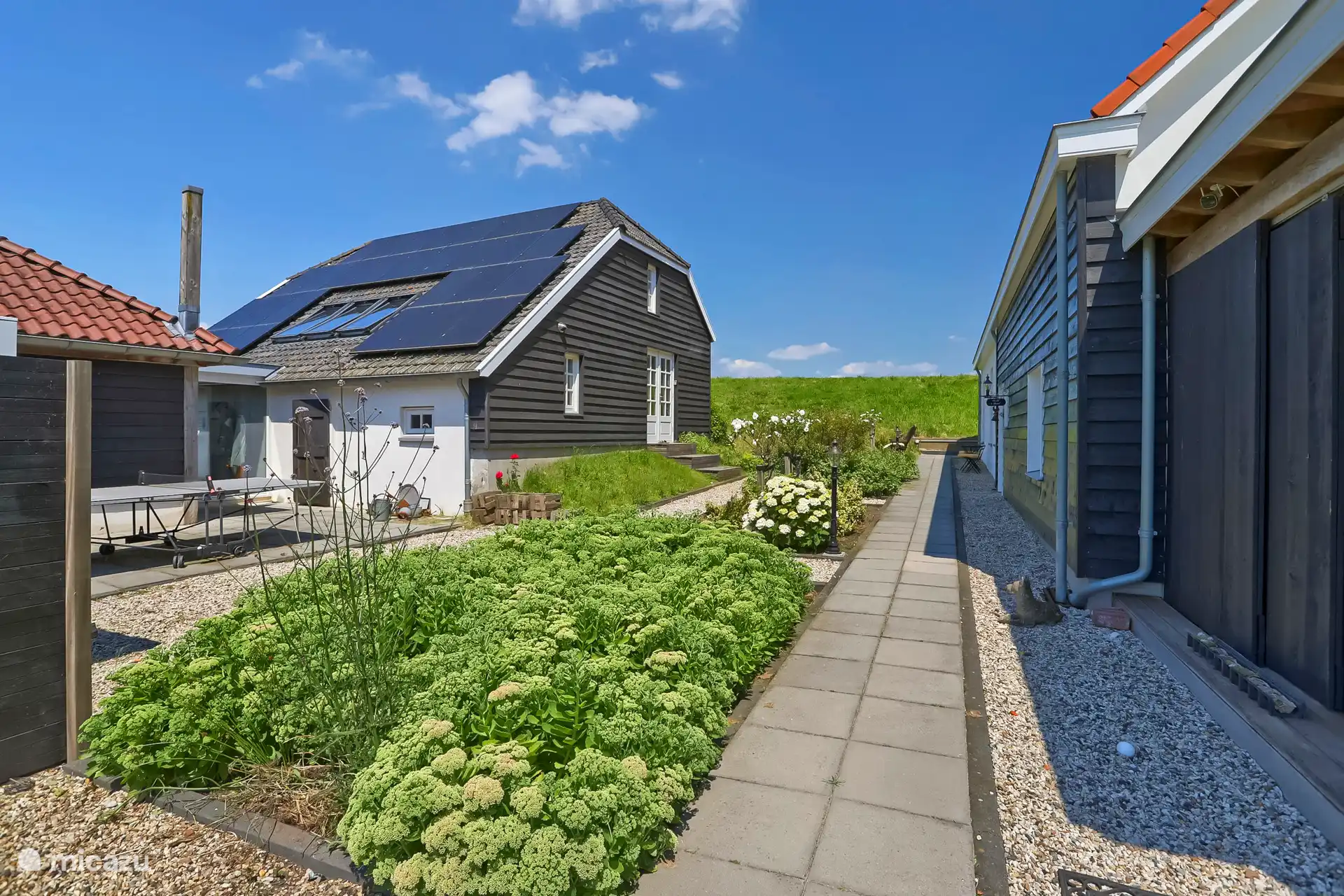 Zwarte Schuur aan de dijk met Boerderij en Hooiberg