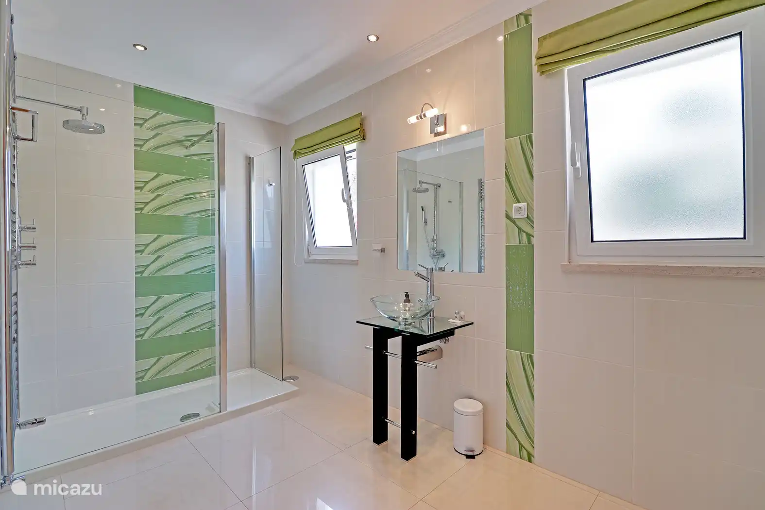 Salle de bain avec douche et toilettes