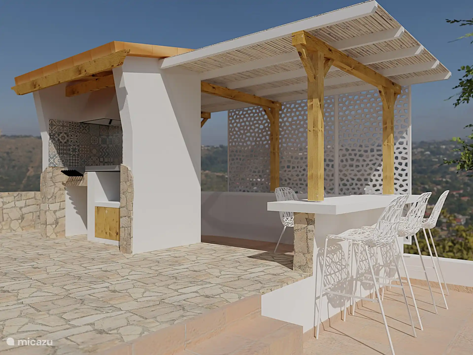 Impresión en 3D de cómo serán finalmente la barbacoa, la barra y la pérgola.