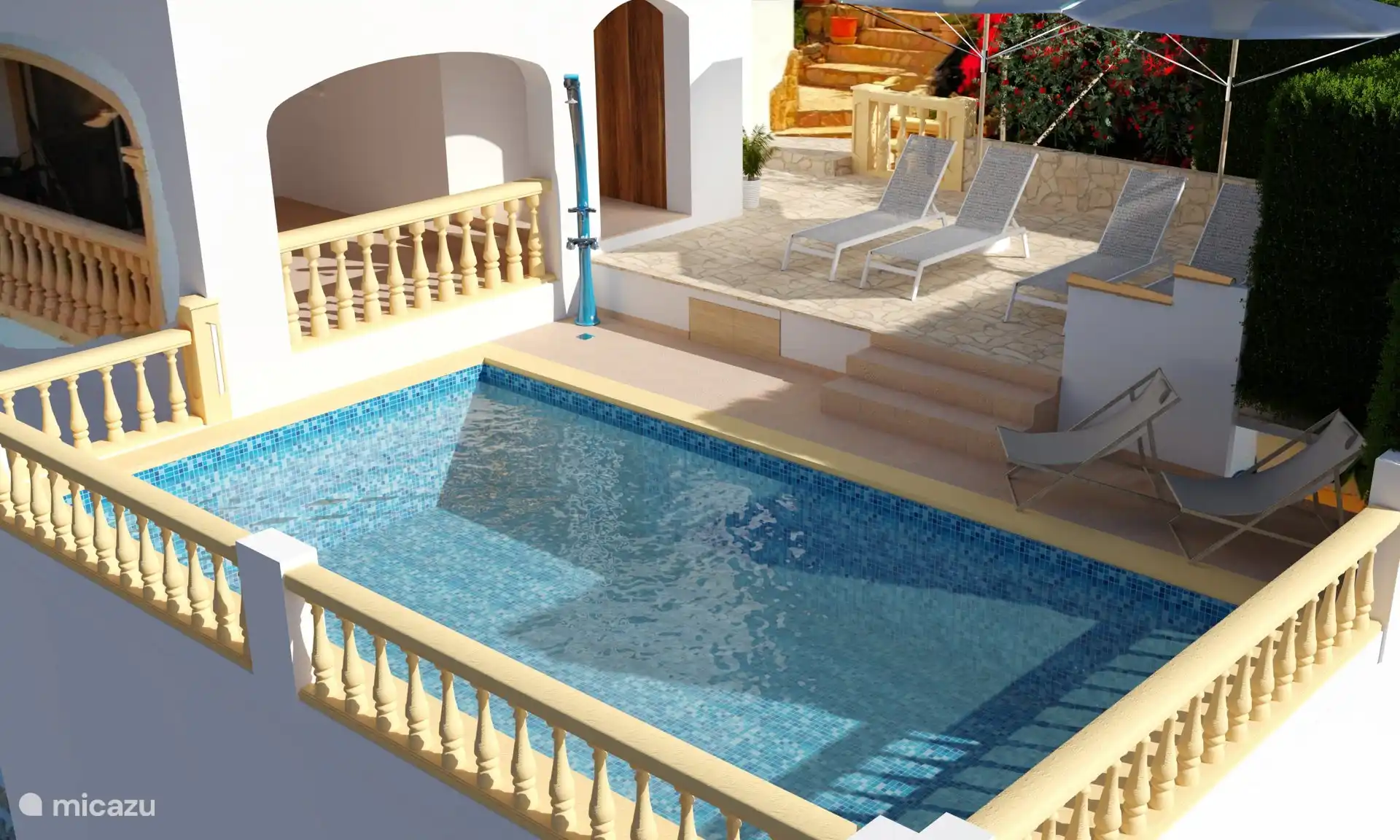 Par exemple, la terrasse sera équipée d’une nouvelle douche solaire et de beaucoup plus d’espace sur la terrasse. Attendez-vous à finir fin avril, alors soyez prêts à votre arrivée !