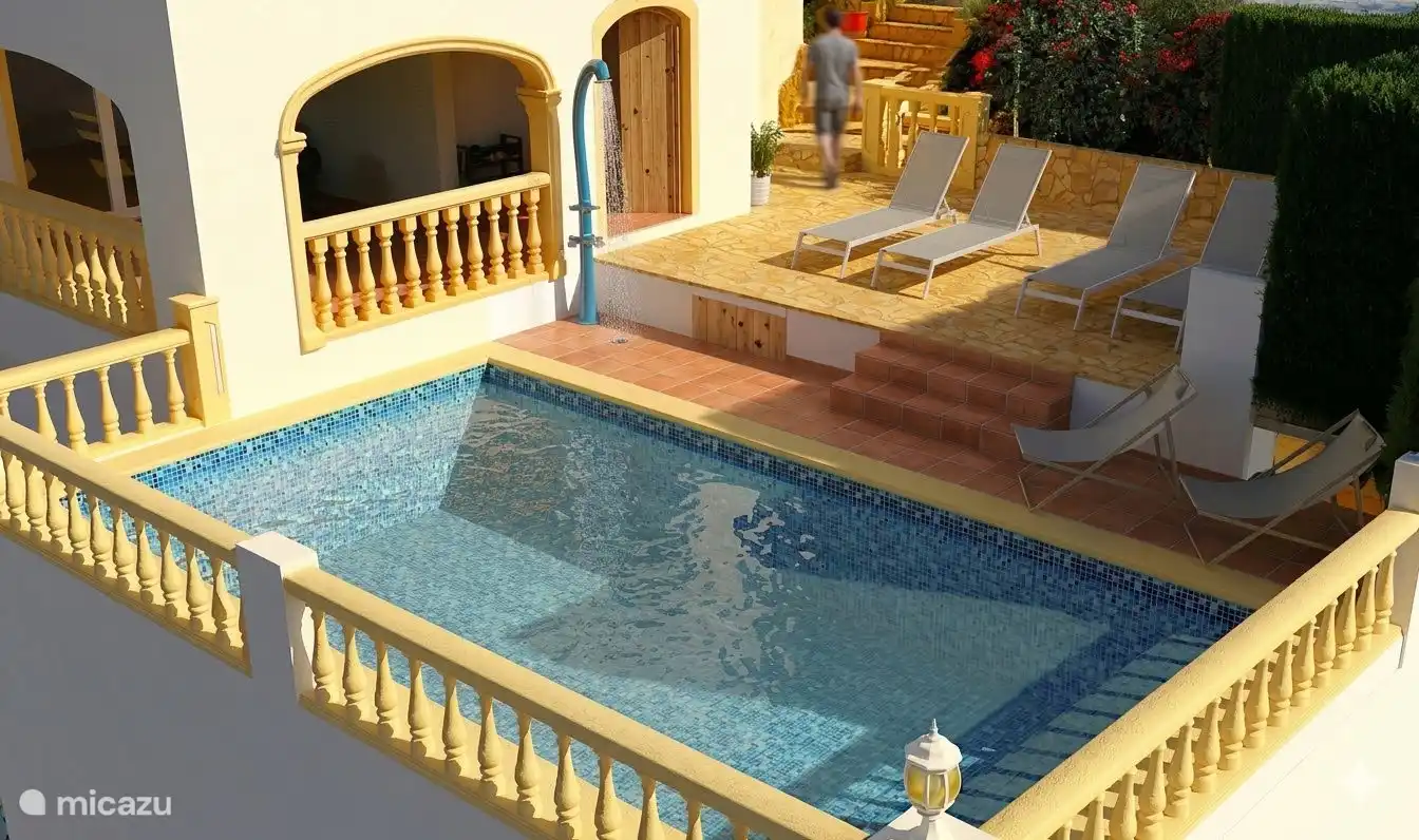 Terrace and pool after renovation expected April 2026.
Space for 6 sun spots, 4 lounge beds and 2 sun loungers, solar outdoor shower.