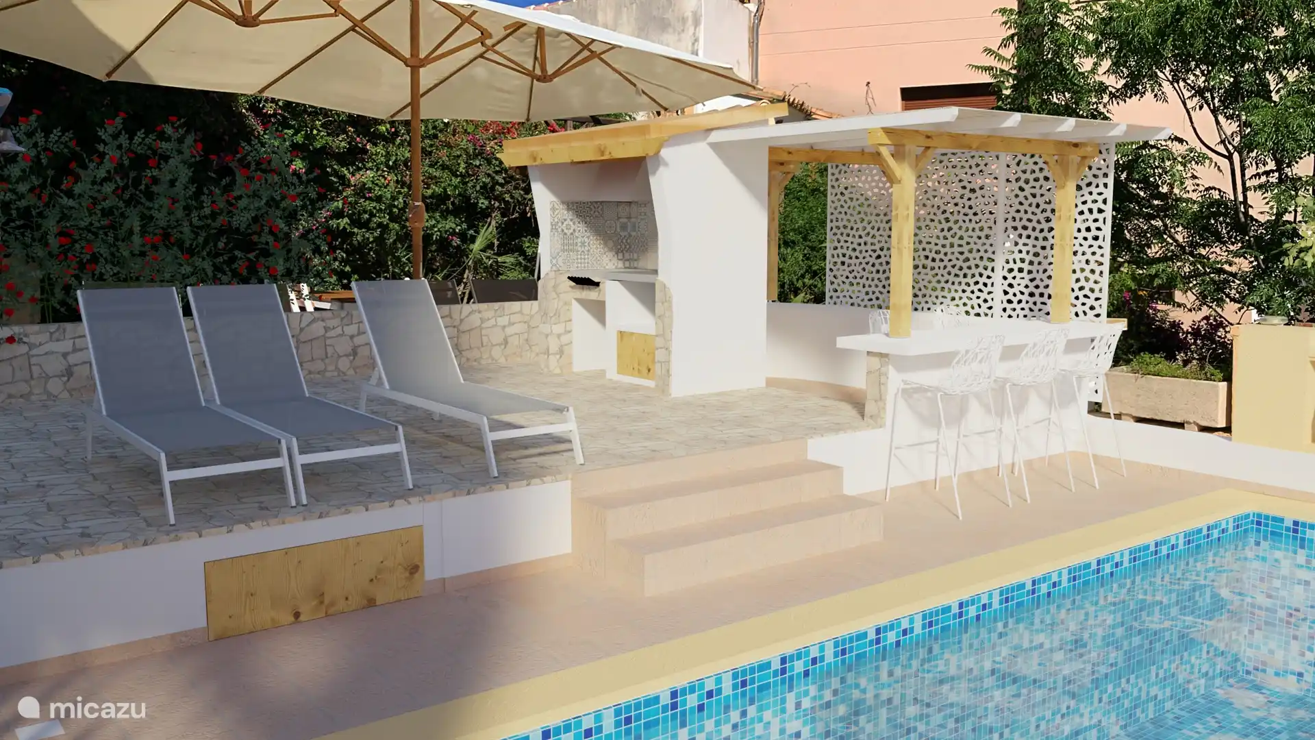 Impresión en 3D de cómo serán finalmente la barbacoa, la barra y la pérgola.