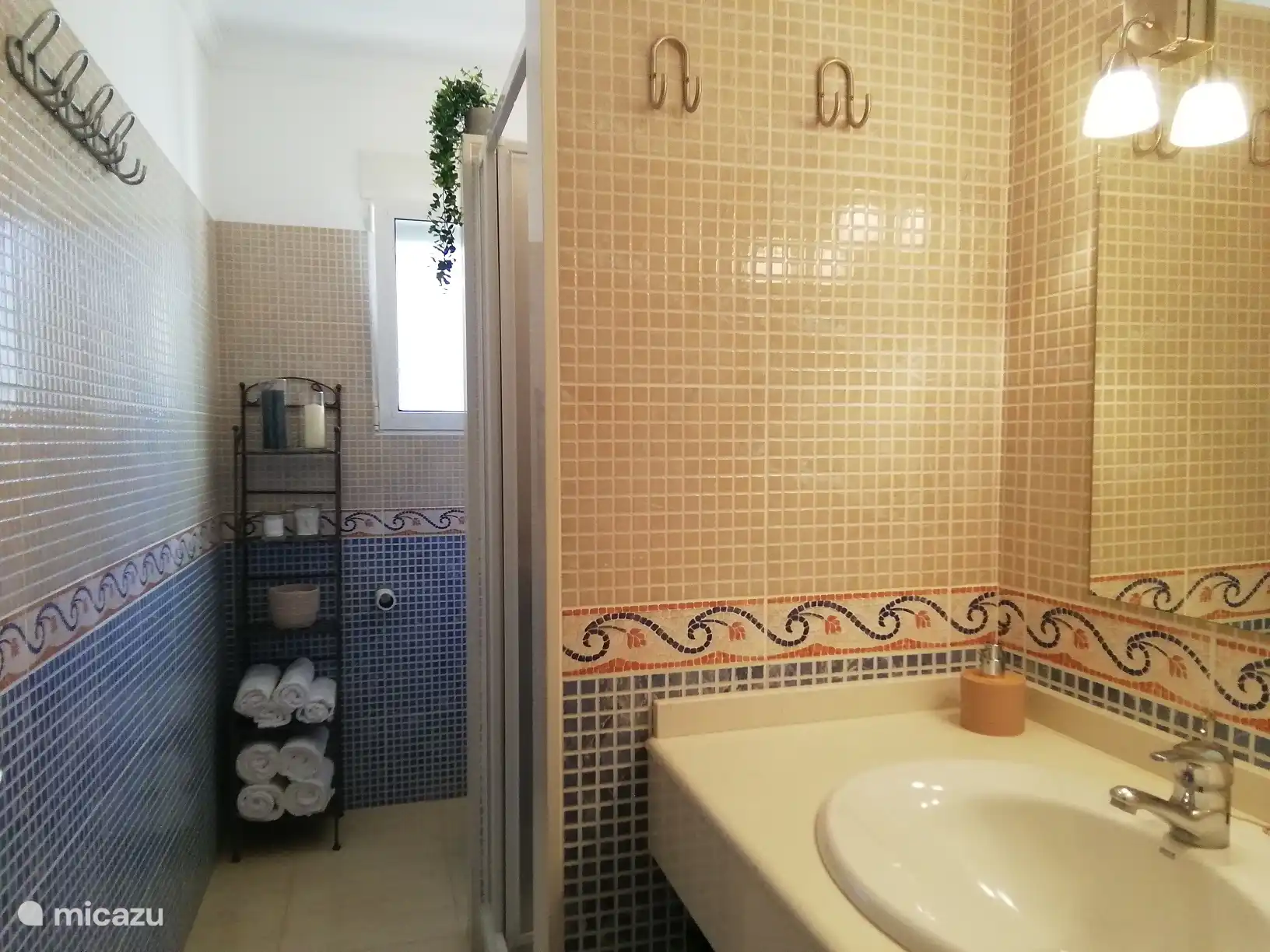 Badkamer met douche, wastafel en toilet