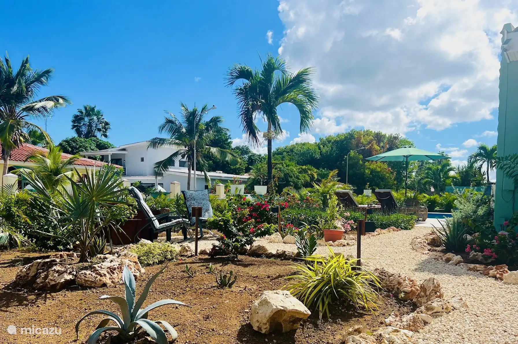 zitje in tropische tuin