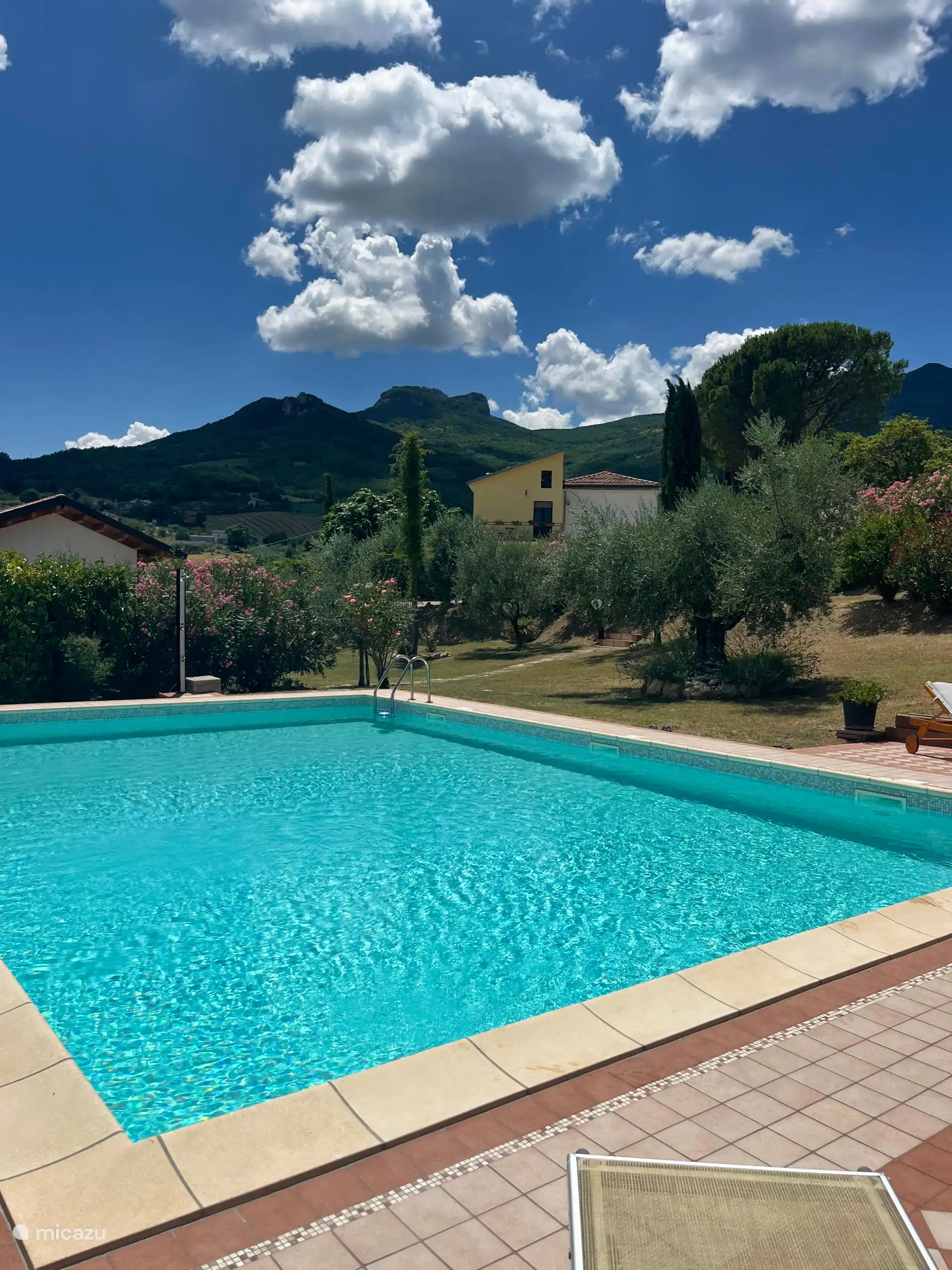The 12 x 7 meter swimming pool in the garden with a generous terrace with sun loungers and parasols