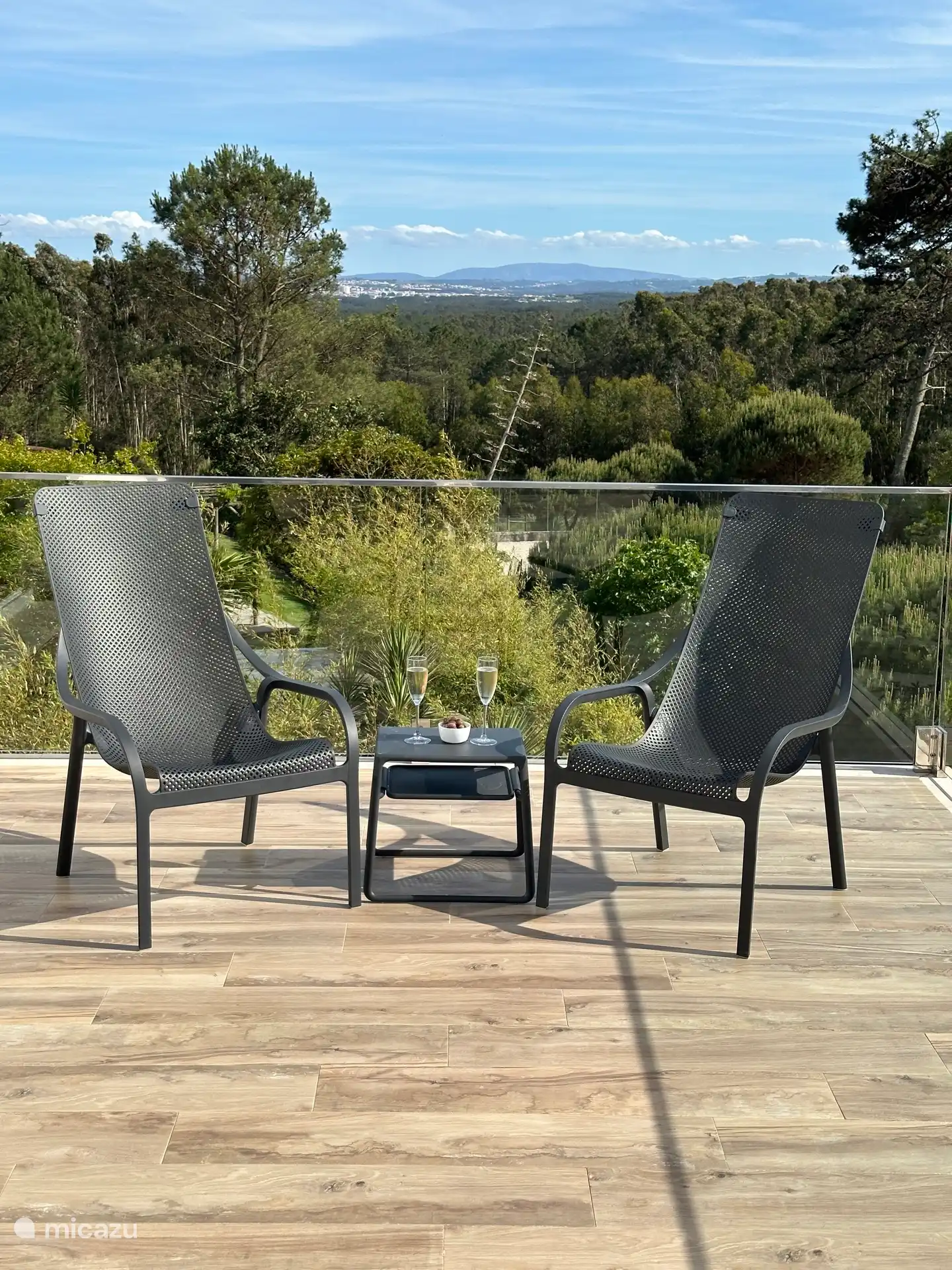 Het uitzicht vanaf het dakterras over de bossen in de wijde omgeving. In de verte zie je Caldas da Rainha.