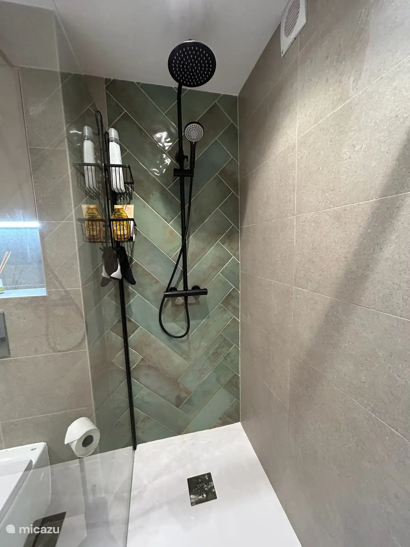 Badkamer naast de masterbedroom met inloopdouche voorzien van verwarming en haardroger