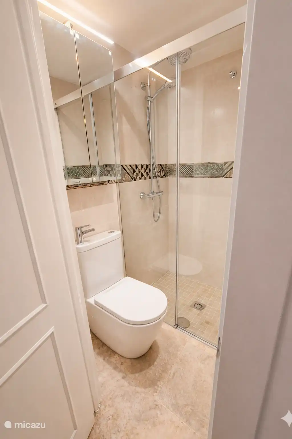 Badkamer beneden met douche en toilet met kleine wastafel.