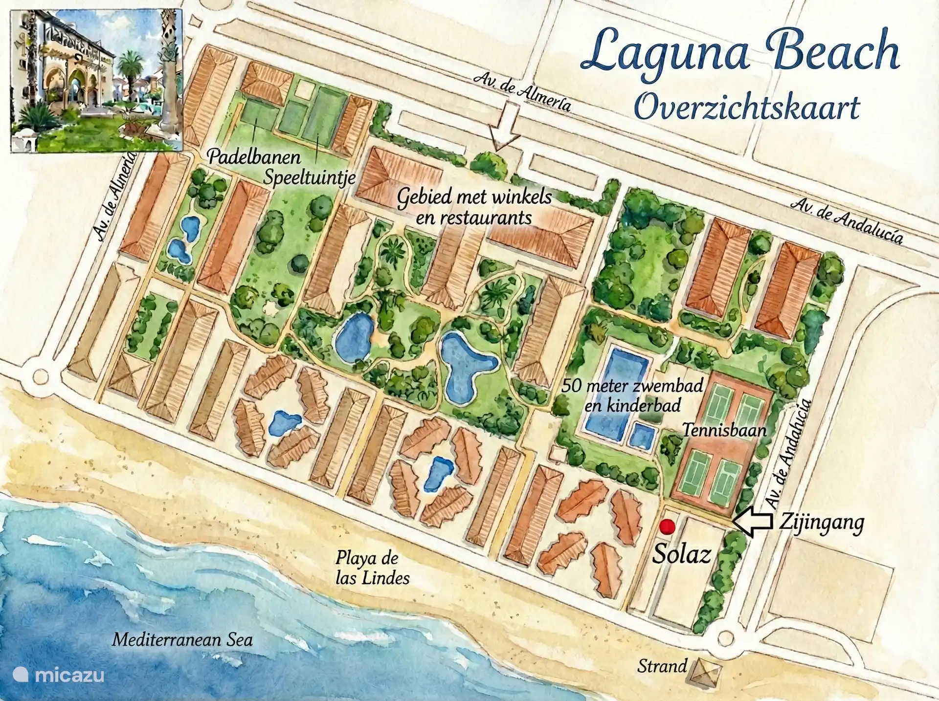 Een kaartje met een overzicht van het park, het appartement Solaz staat aangegeven. 