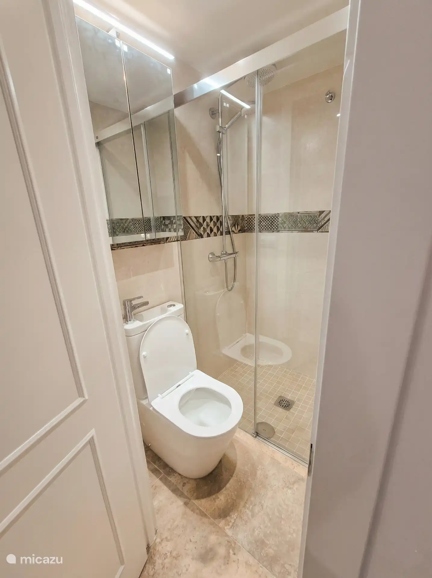 Badkamer beneden met douche en toilet met kleine wastafel.