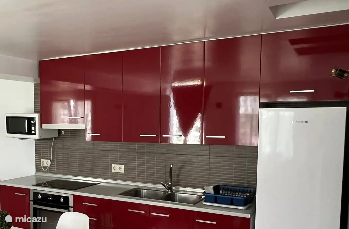 Detail van de keuken met al haar uitrusting: magnetron, keramische kookplaat, oven, koelkast en vriezer; en het keukengerei dat nodig is om te koken