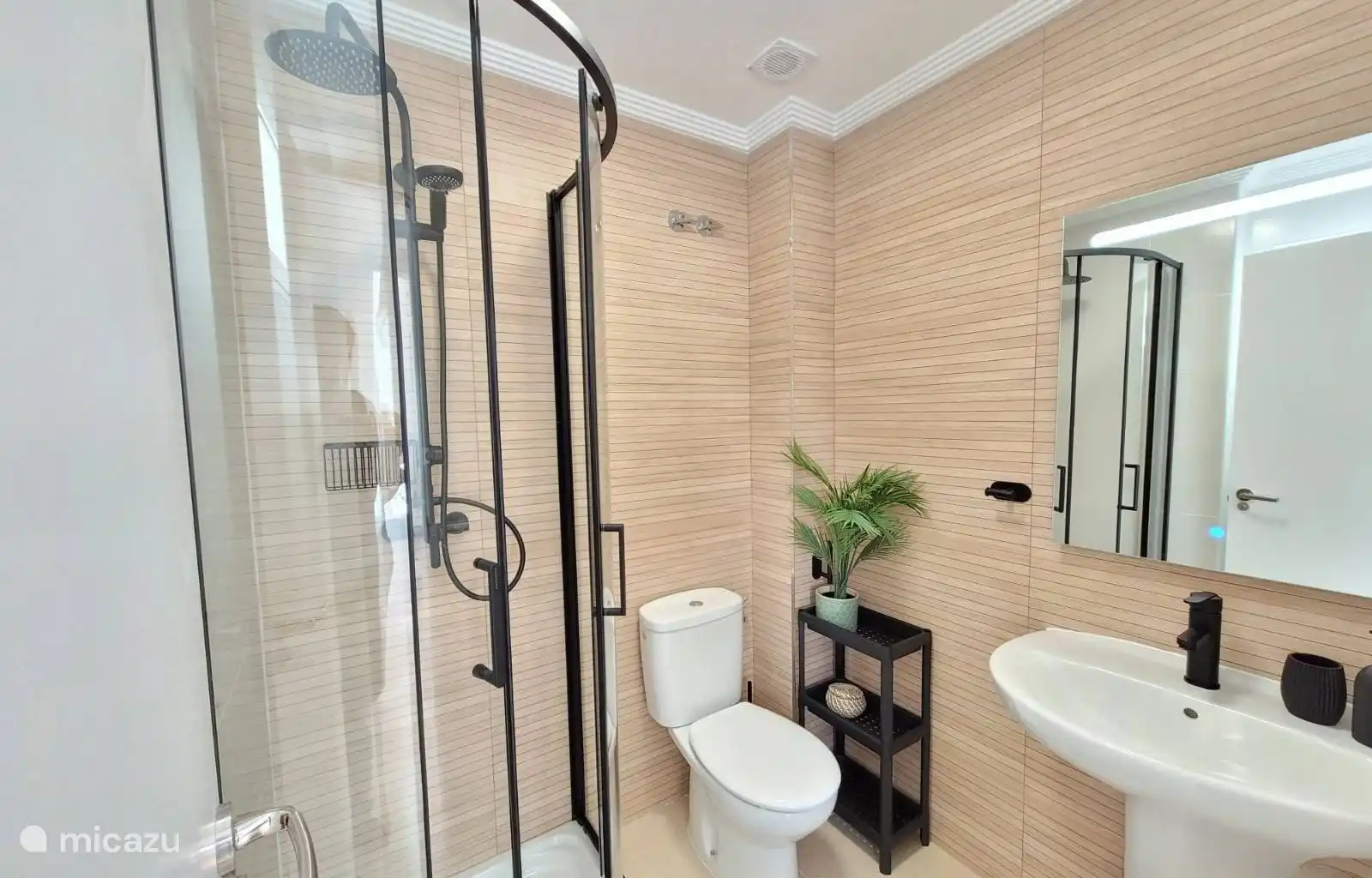 Salle de bain avec douche et toilettes au rez-de-chaussée.