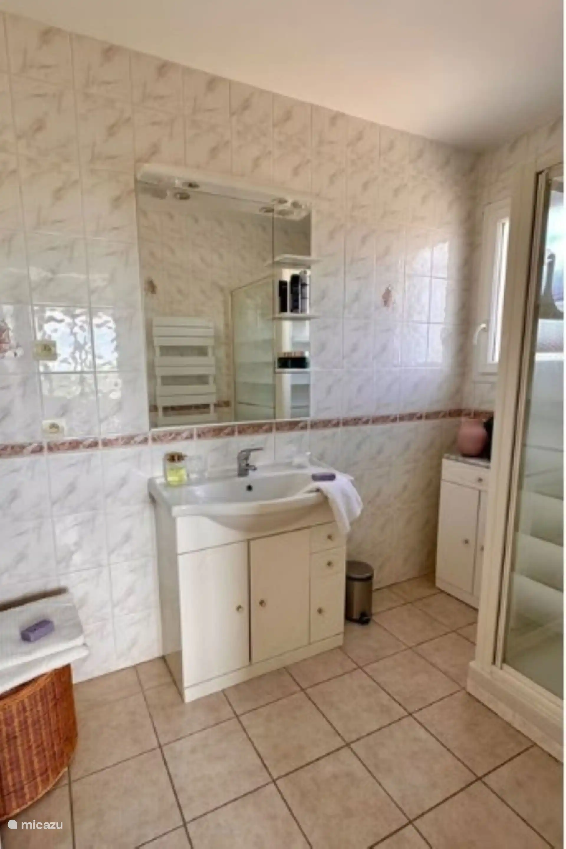 Deze badkamer met wastafel en douche is de annex van de rieten kamer