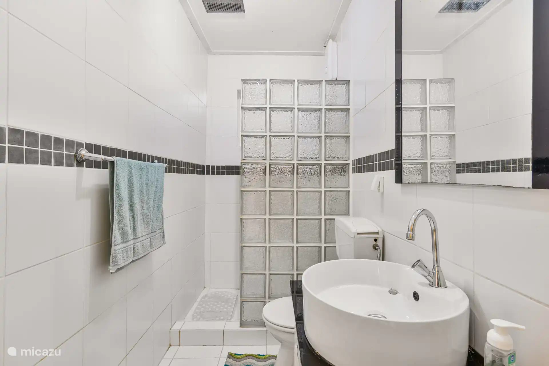 Badkamer met douche, wastafel, en toilet.