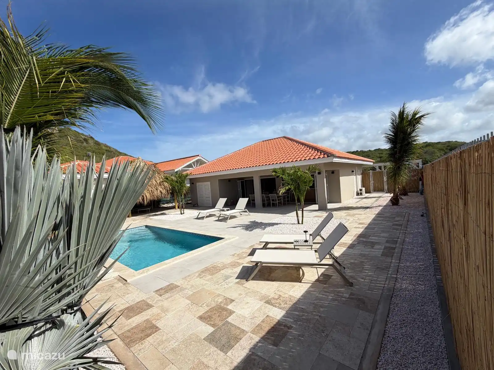 Heerlijk ruim terras met veel privacy, zwembad 3x6 meter, 4 heerlijke ligbedden, een palapa en een buitendouche. 