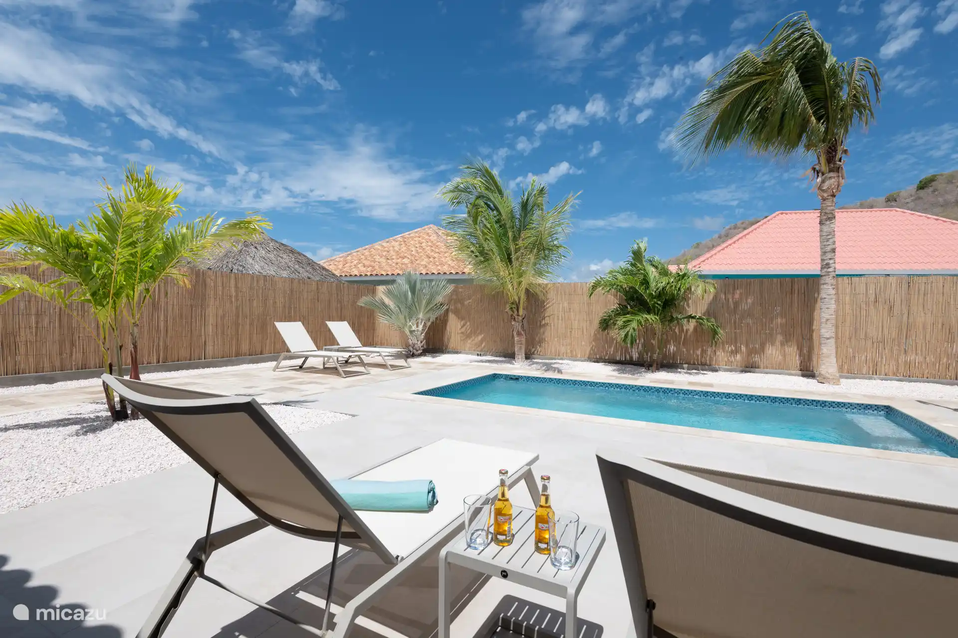 Een heerlijk zwembad met 4 ligbedden.