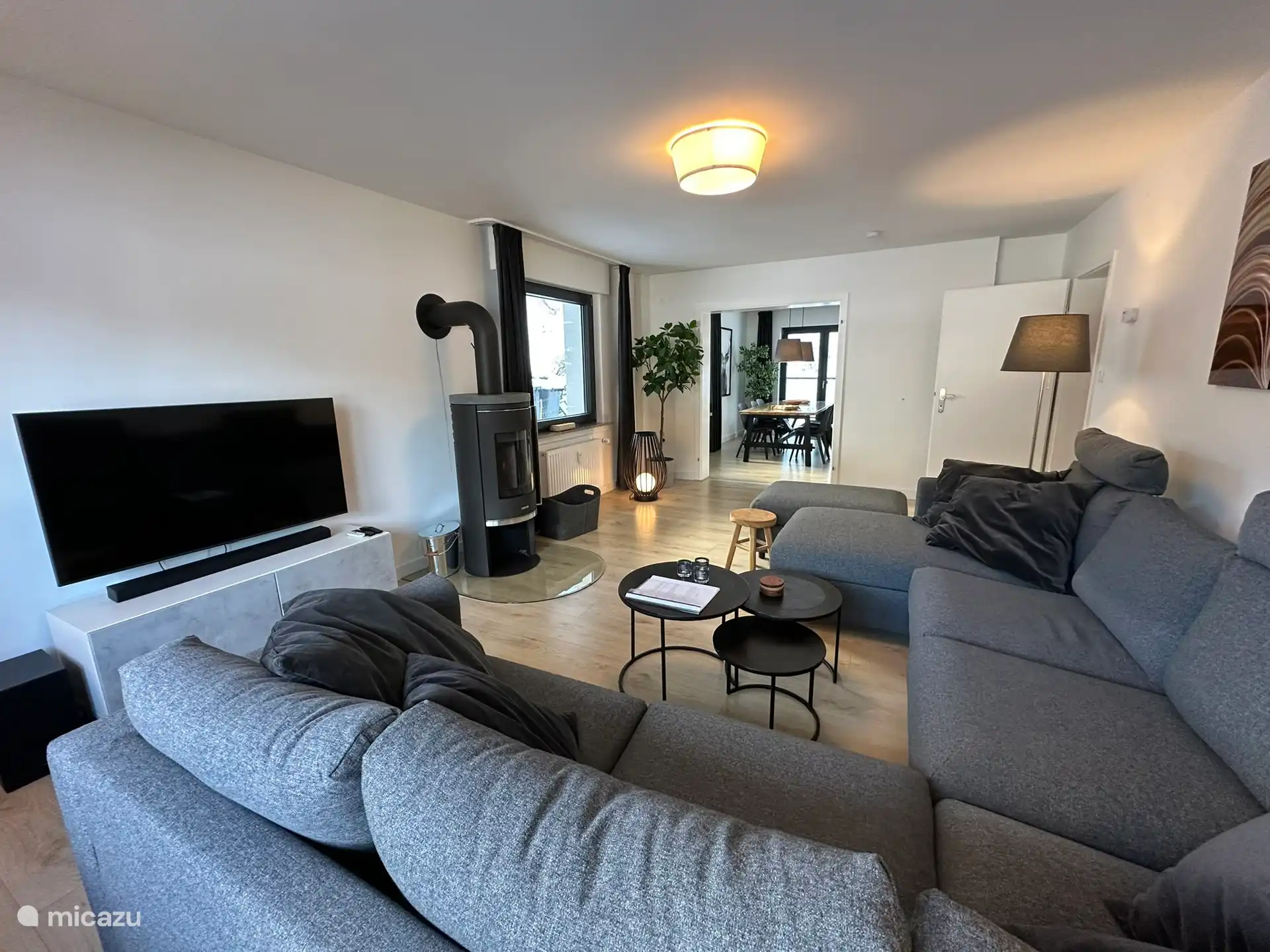 Woon-/zitgedeelte met TV/media en houtkachel 