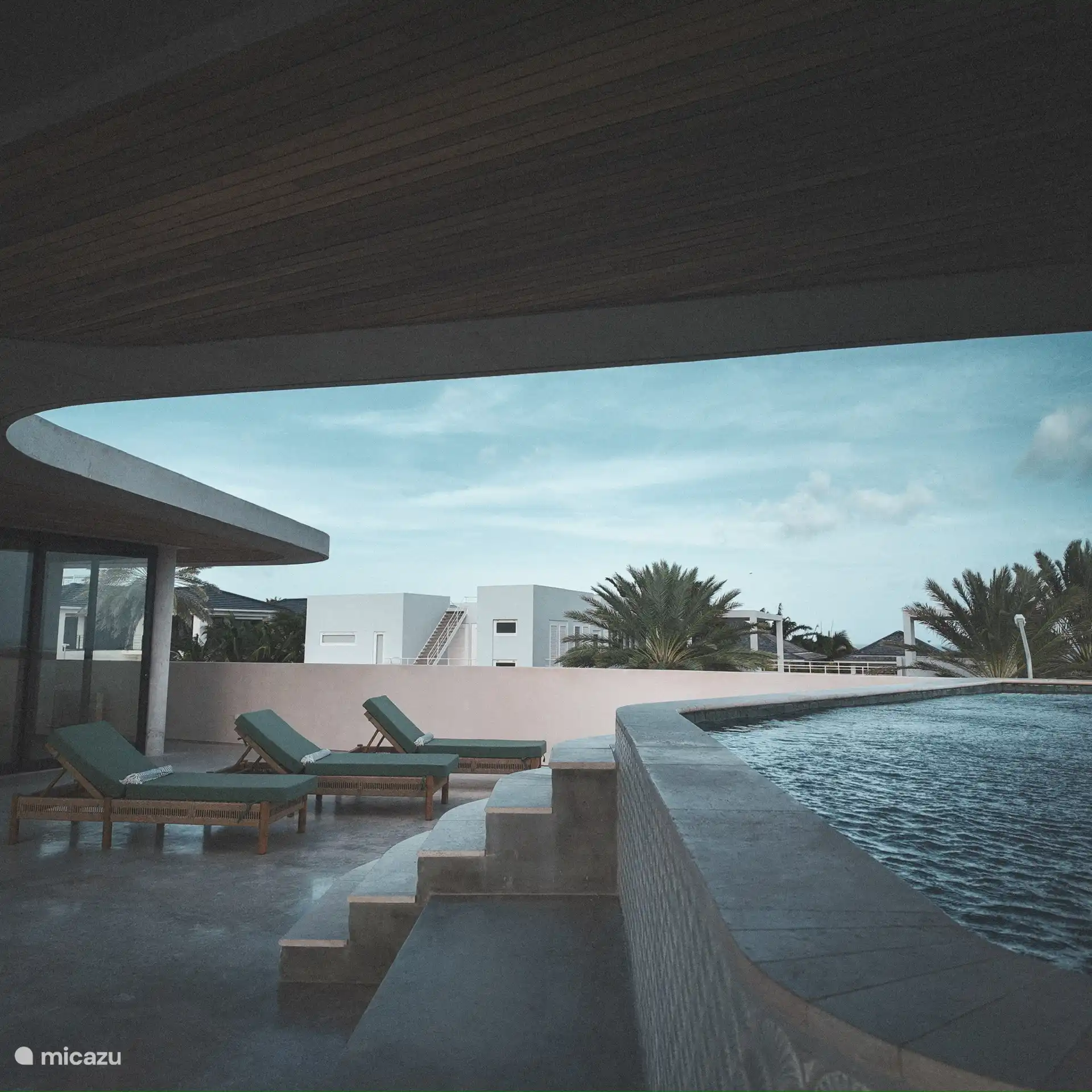 Pool terrace partly under an organically shaped roof for wonderful cooling.