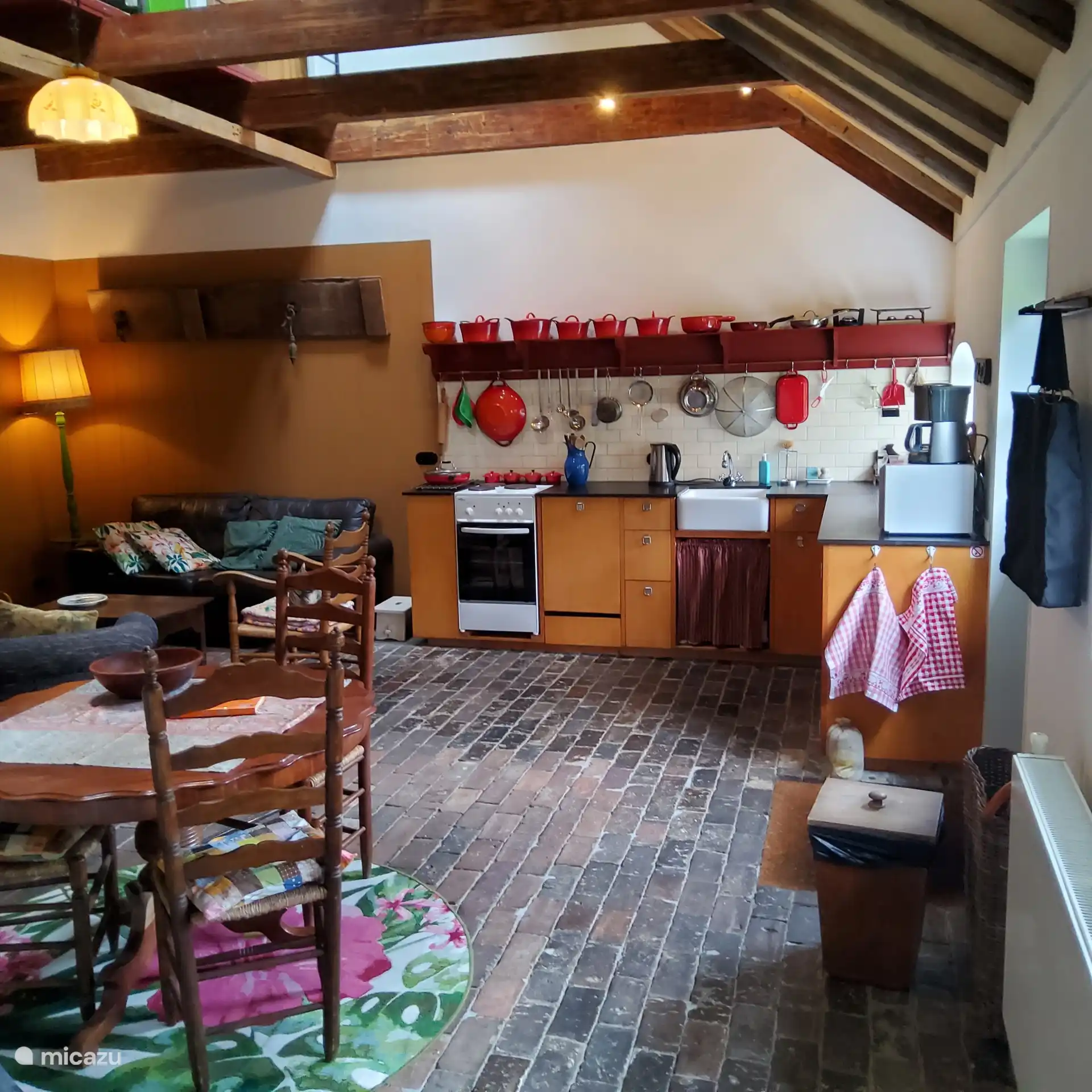 Cuisine avec réchaud électrique, lave-vaisselle, réfrigérateur et micro-ondes.