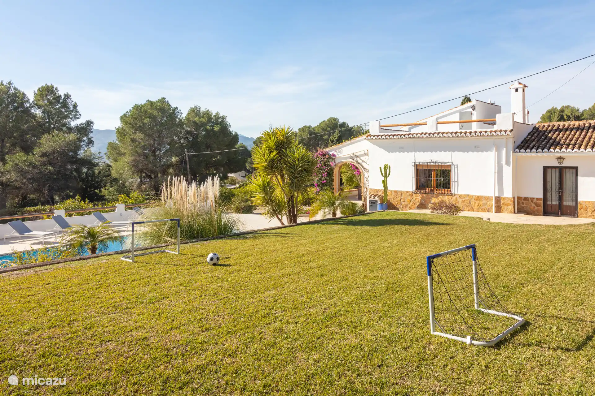 Grasveld/tuin met voetbaldoelpunten