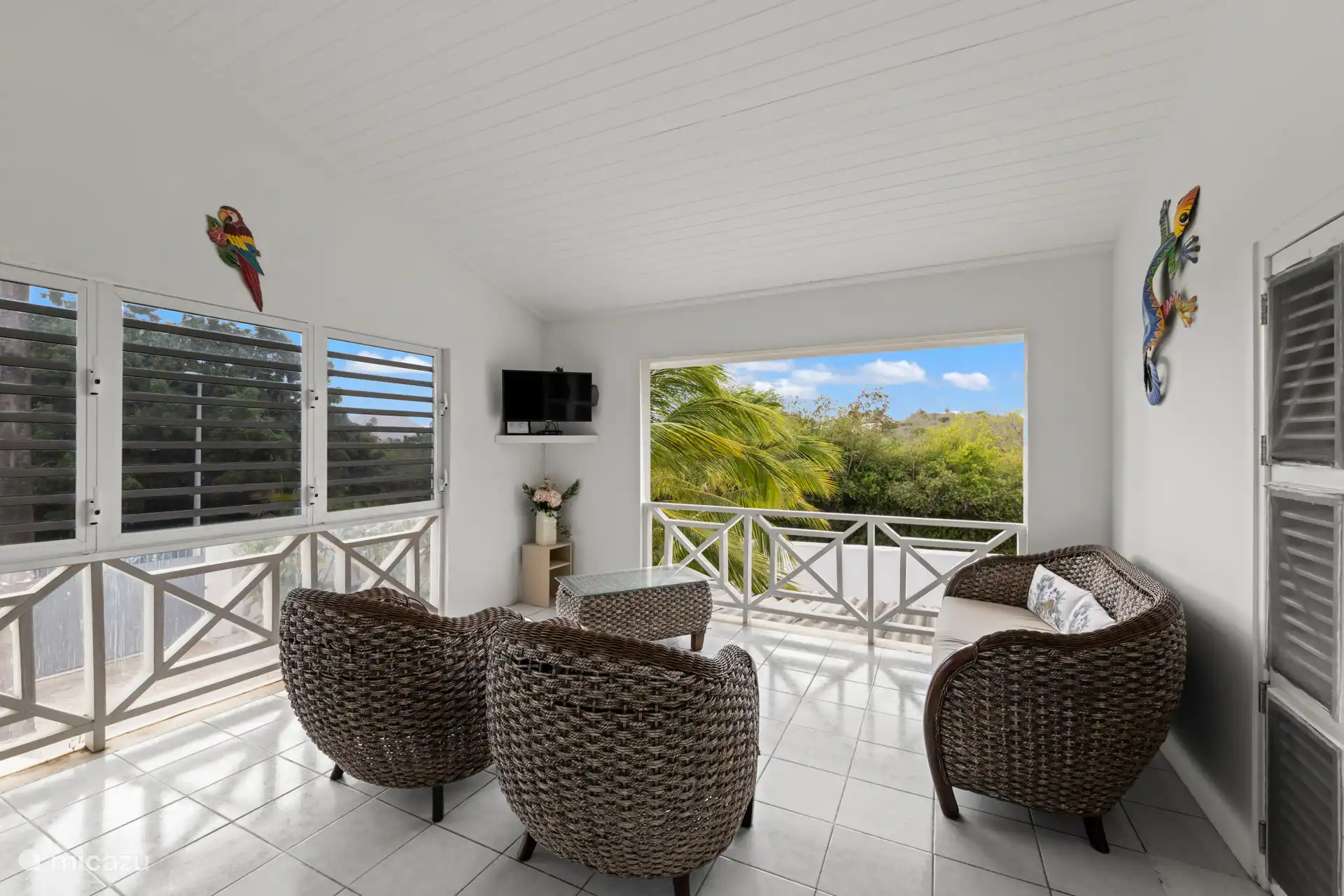 Terrasse extérieure à l’étage, avec télévision.