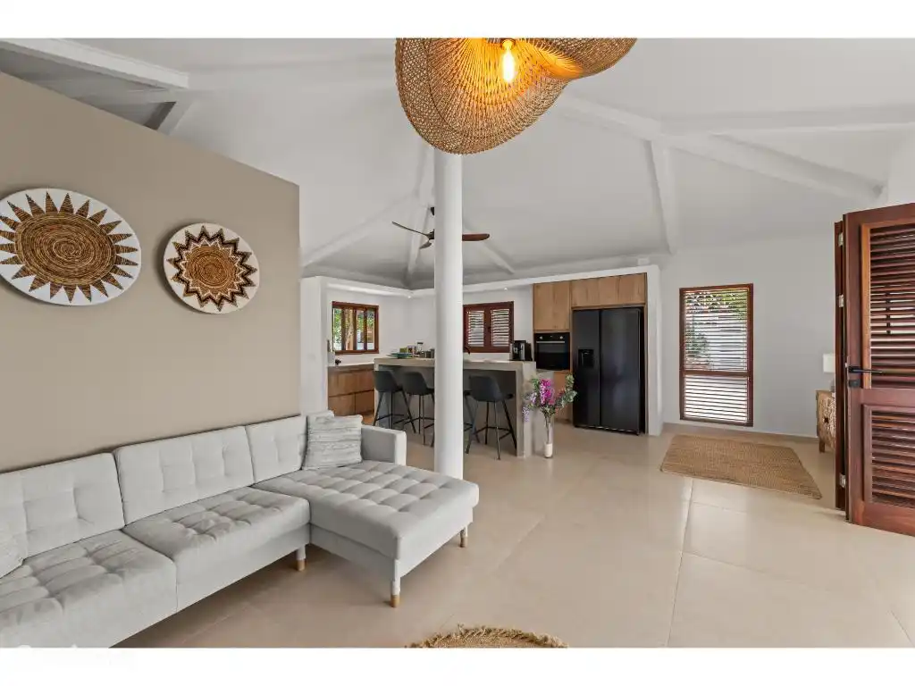 Spacious living room with open kitchen