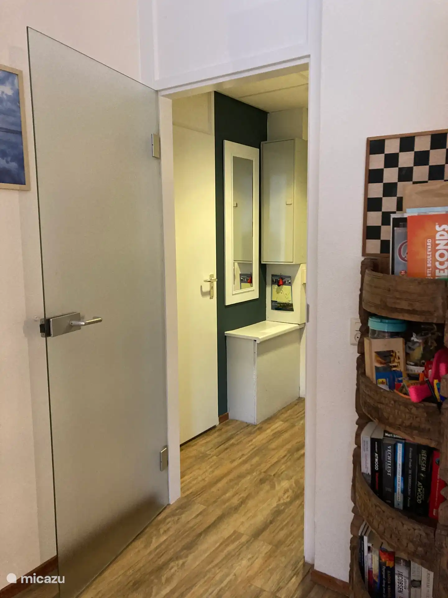 Hal en garderobe. Goedgevulde boeken-en spelletjeskast.