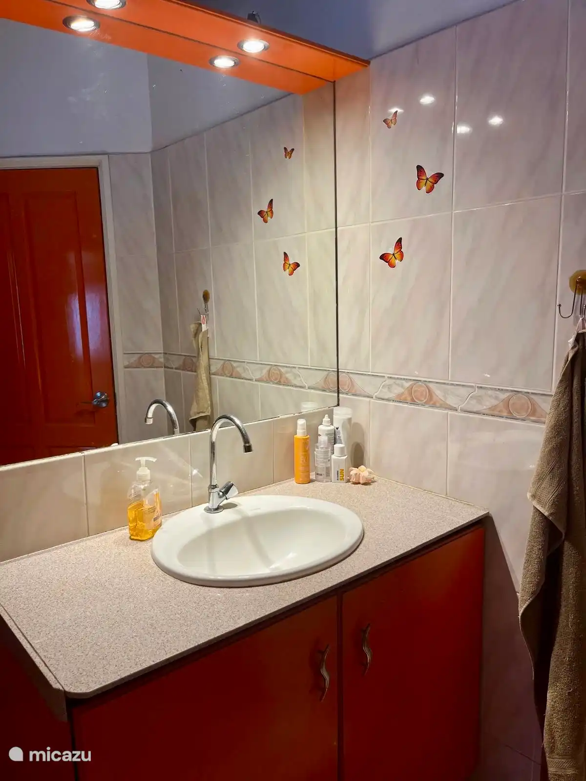 Baño grande con lavabo, inodoro y ducha a pie con agua caliente/fría