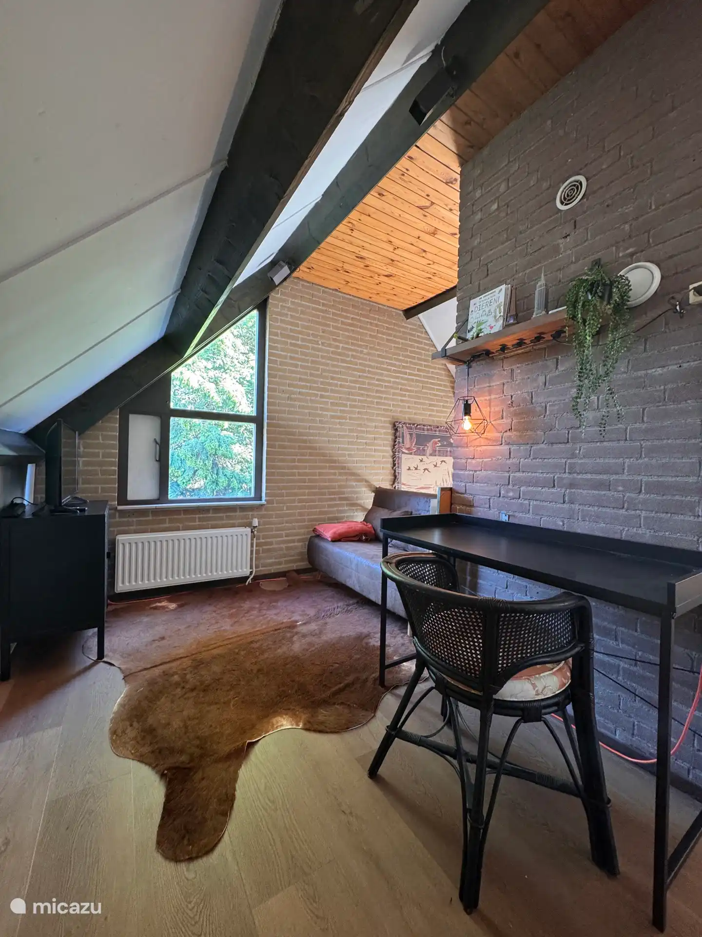 Op de vide is een werkplek met bureau. Daarnaast een (slaap)bank en een tweede tv (chomecast - geen kabel). 