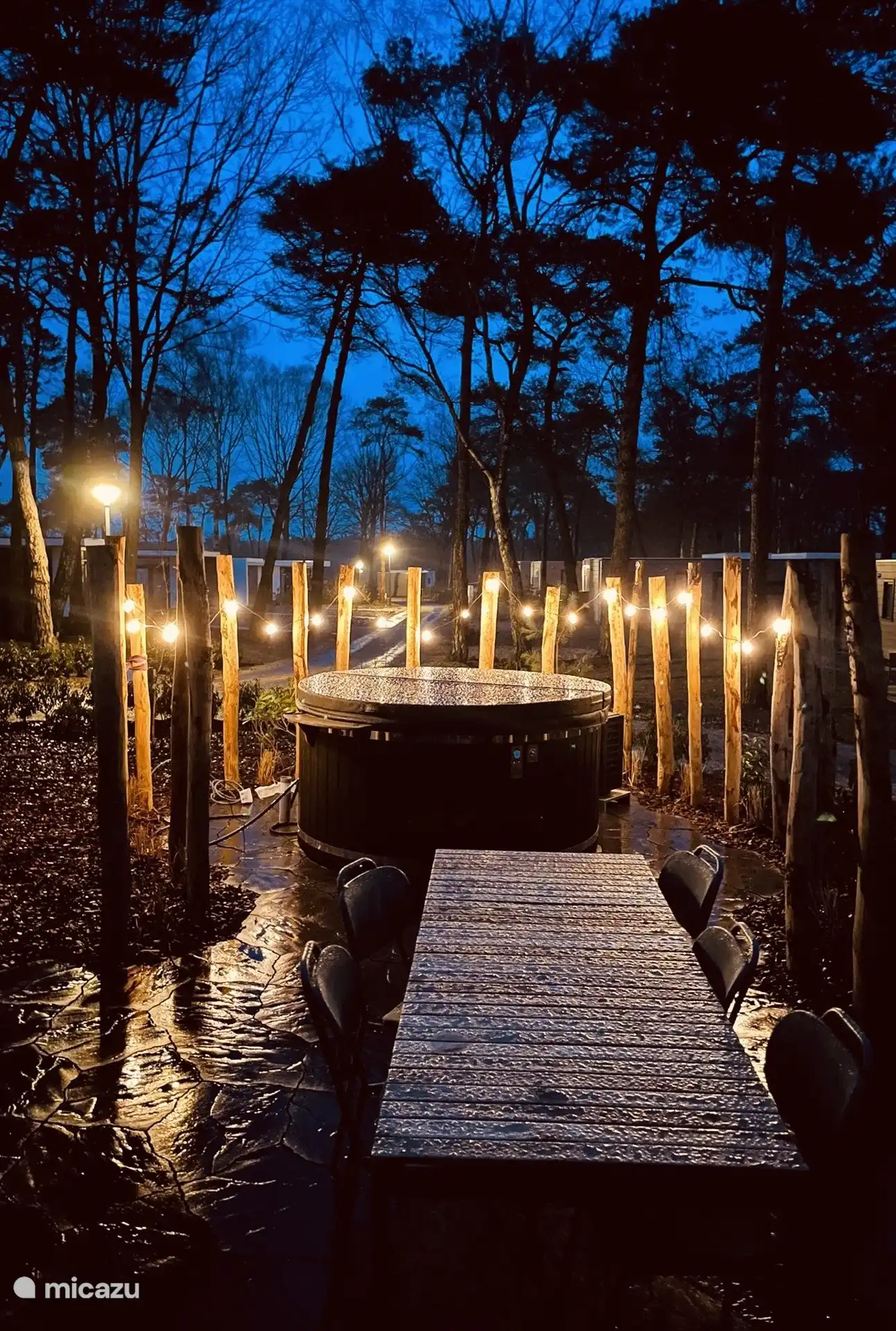 Verlichting rondom hottub, in de zomer met schaduwdoek en hoog siergras 