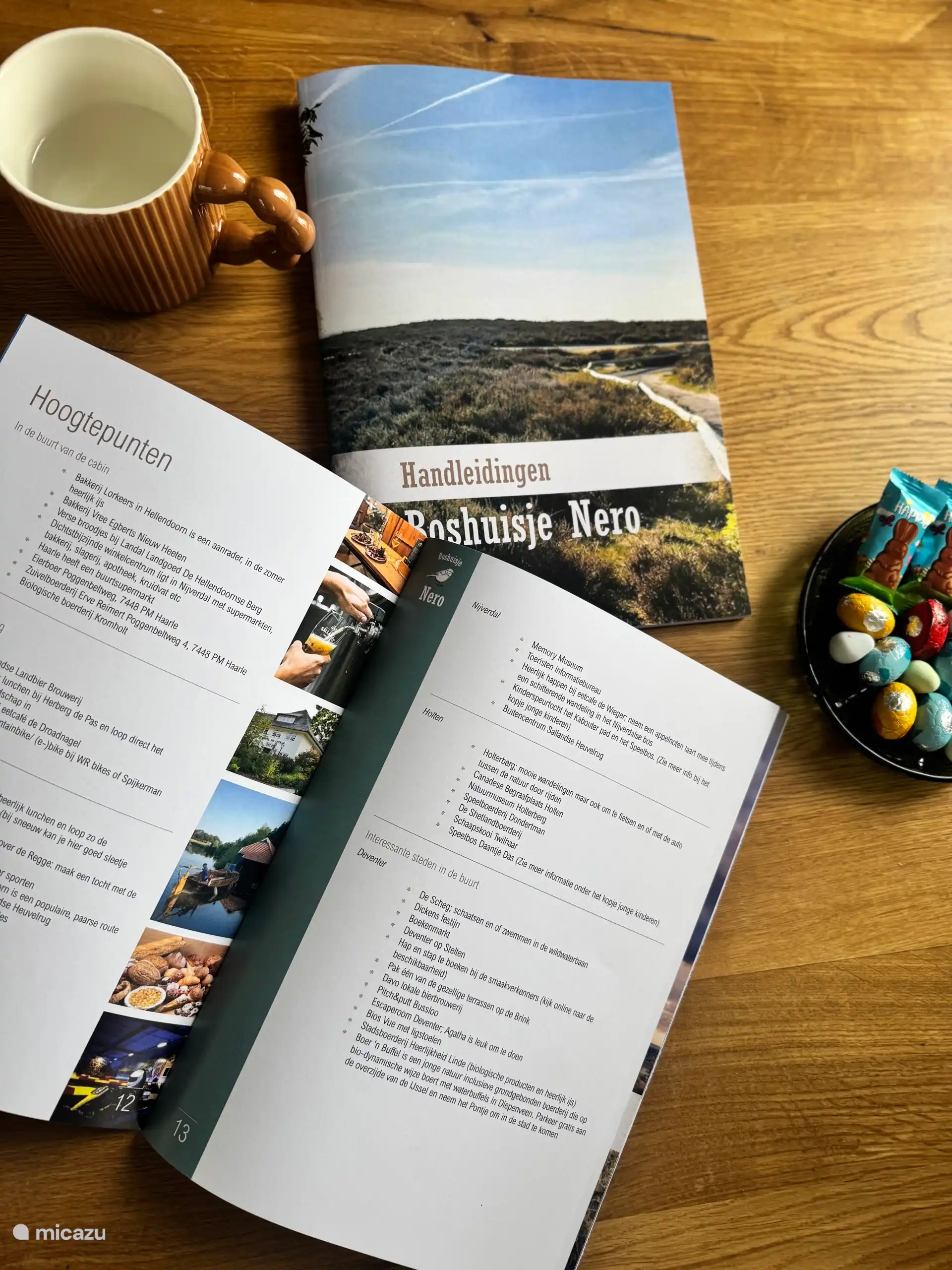 Informatie mappen voor de apparatuur binnen Boshuisje Nero en een map wat er te doen is in de omgeving. Ook zijn er wandel- en fietsroutes aanwezig binnen het huis