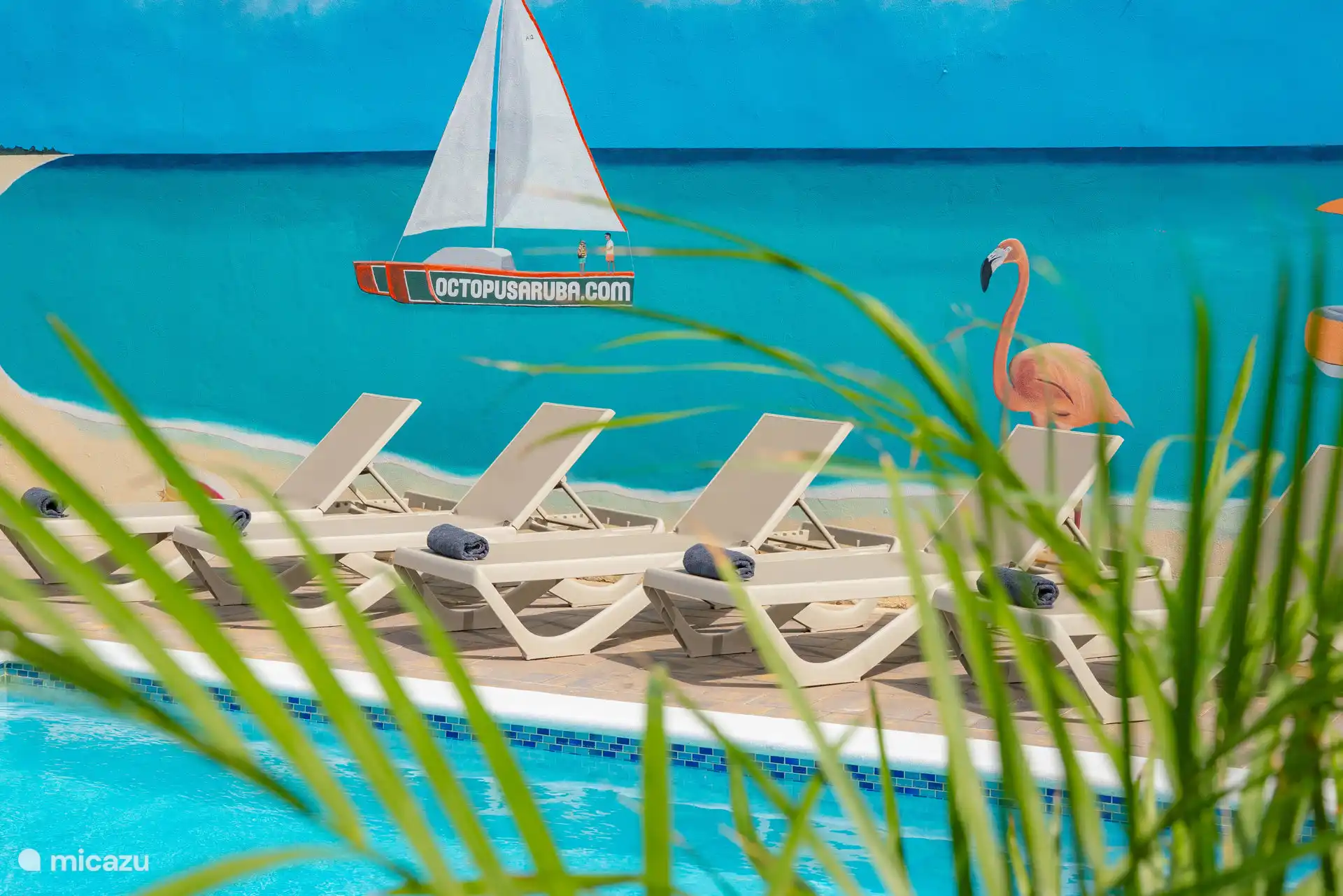 Gedeeld zwembad met ligstoelen, perfect om te ontspannen na een dag strand of eilandverkenning.