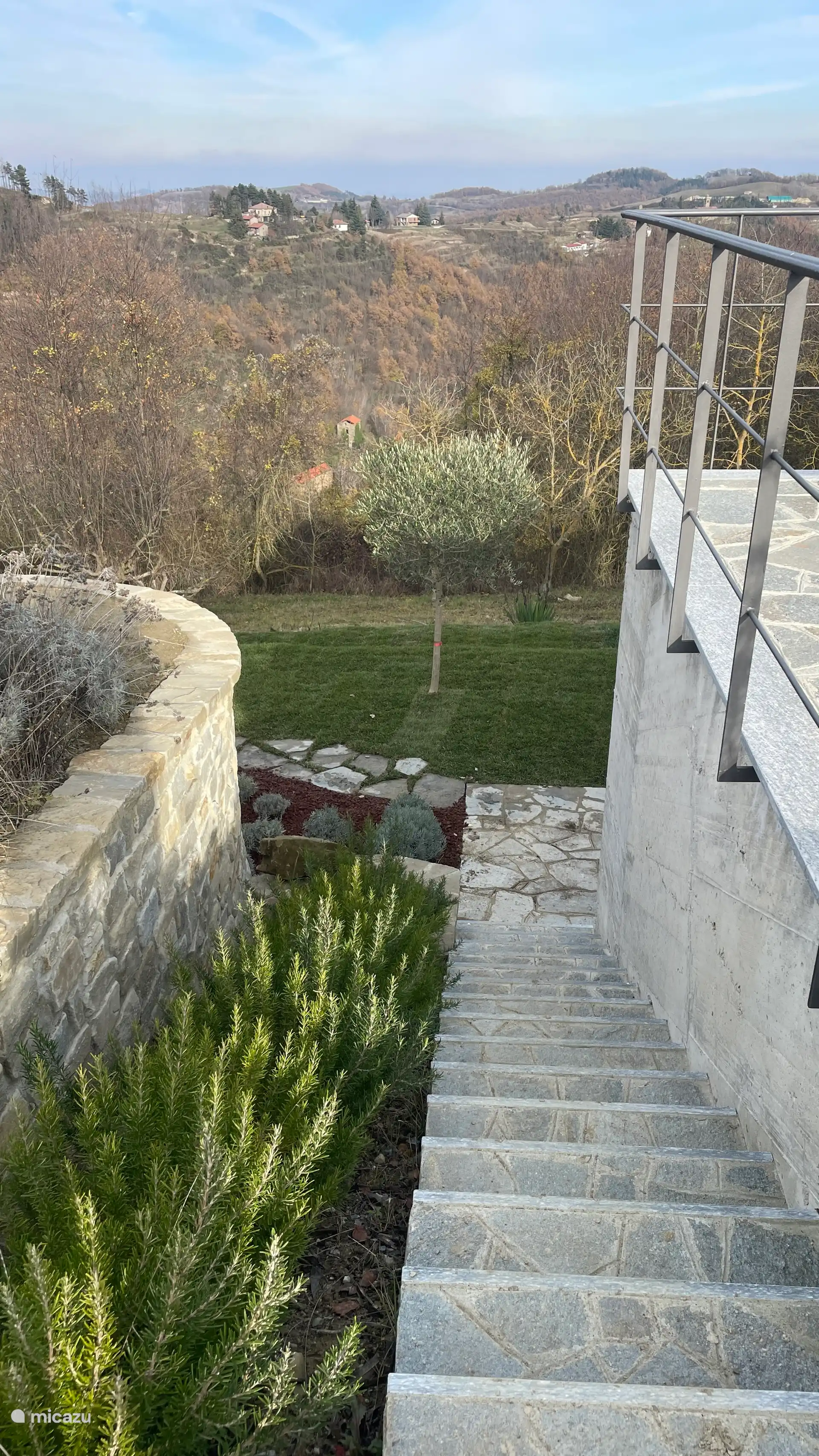 Des escaliers menant au jardin en bas. 